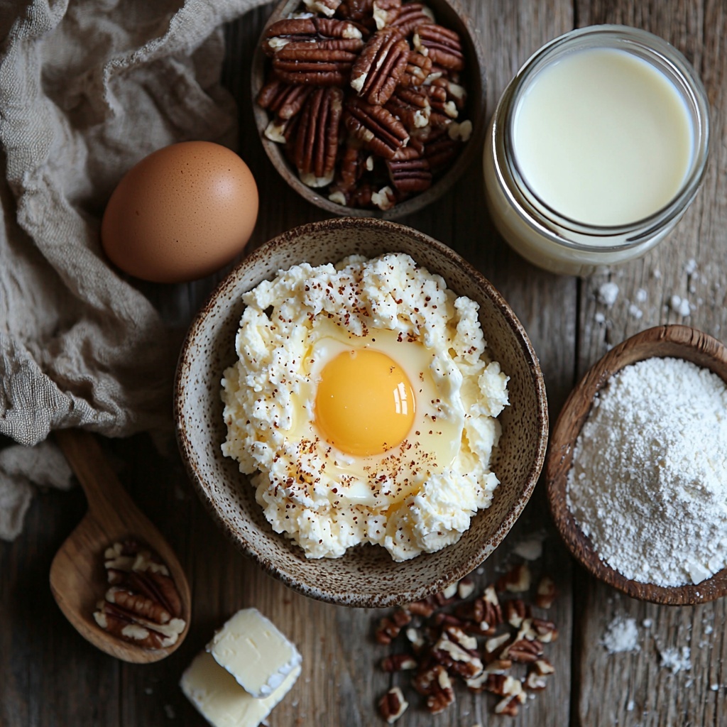 buttered pan with melting golden salted butter, small vintage bowl of chopped toasted pecans with rich brown tones and textured surfaces, smooth blocks and dollops of creamy softened unsalted butter and cream cheese in warm off-white hues, whole fresh brown egg and a bright golden egg yolk cracked open in a rustic ceramic bowl, heaping white bowl of fine icing (confectioners’) sugar with powdery texture, small mound of pale beige all-purpose flour with soft, powdery detail, crystal clear jar spilling sparkling granulated white sugar crystals, vintage glass of creamy white buttermilk at room temperature, all ingredients carefully arranged on a clean light wooden surface with soft natural daylight casting gentle shadows, styled with warm neutral linen napkins and simple wooden spoons, overhead shot, top down view, flat lay photography, professional food styling --ar 1:1 --q 2 --s 750 --v 6.1