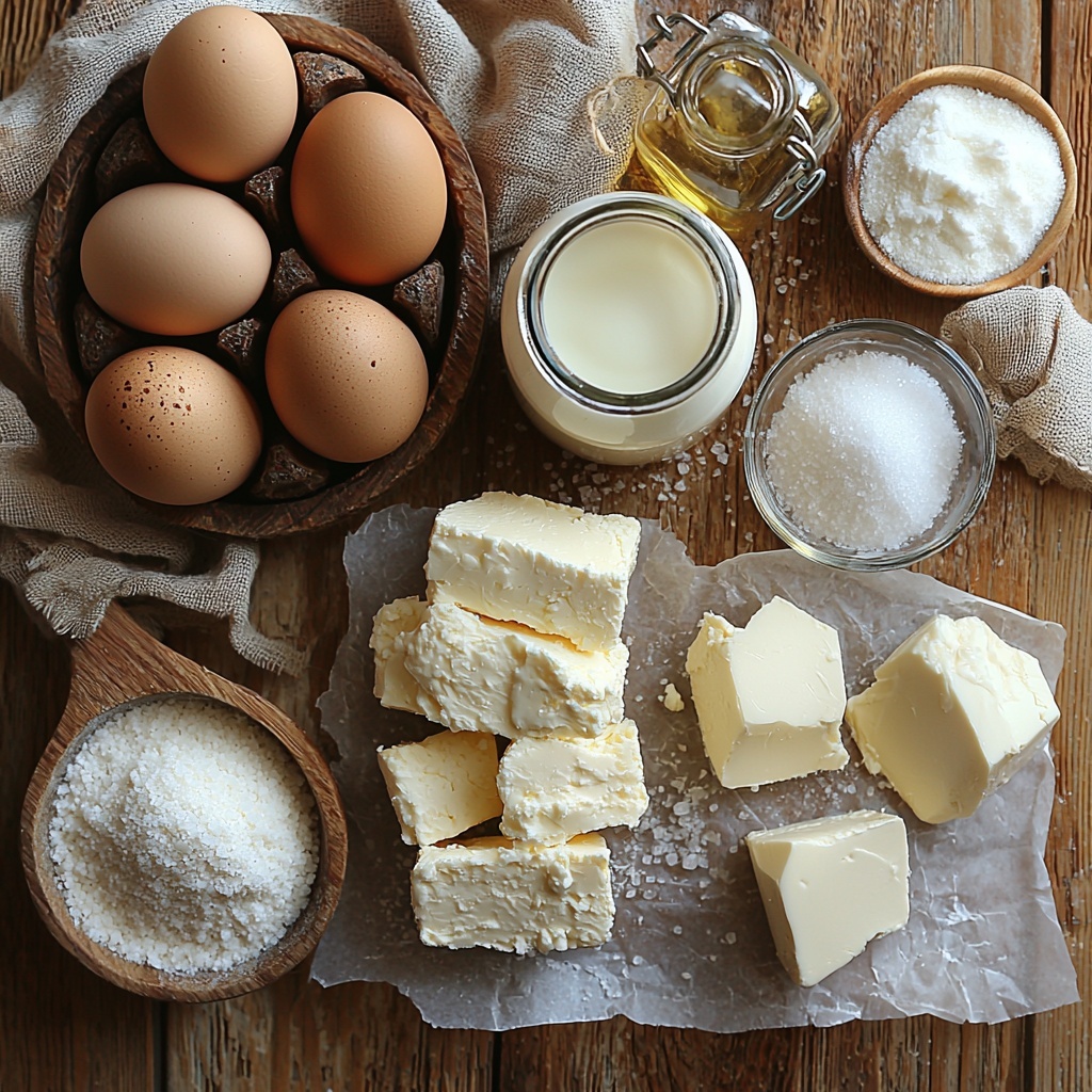 Softened cream cheese blocks and scoops with smooth, creamy texture, a small rustic wooden bowl of granulated white sugar sparkling under soft light, a delicate glass bottle of golden vanilla extract with a cork stopper, a tiny dish holding fine white salt crystals, four large fresh brown eggs arranged neatly, a clear glass measuring cup filled with rich, thick heavy cream, and a small heap of pale all-purpose flour on parchment paper; all ingredients are thoughtfully arranged on a clean, light wooden surface with natural warm tones enhancing the creamy and neutral color palette. Soft diffused daylight creates gentle shadows and highlights textures, while minimal props like a wooden spoon and linen cloth add cozy, inviting context without clutter. The composition is balanced with each item spaced evenly, emphasizing the ingredients’ freshness and quality. overhead shot, top down view, flat lay photography, professional food styling --ar 1:1 --q 2 --s 750 --v 6.1