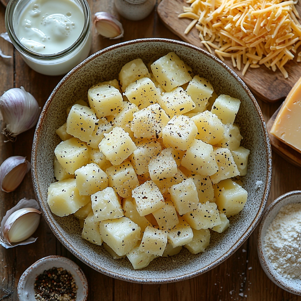 7 peeled potatoes cut into 1-inch chunks arranged in a rustic ceramic bowl, finely diced white onion in a small clear glass dish, three fresh garlic cloves with some minced garlic on a wooden spoon nearby, a small heap of coarse salt and cracked black pepper on white porcelain spoons, a pinch of smoked paprika artistically sprinkled on a tiny white plate, a large vintage measuring cup filled with golden chicken broth, a clear glass jug of creamy white milk, a small mound of pale flour on crumpled parchment paper, a half cup of thick heavy cream in a white ramekin, generous shredded sharp cheddar cheese piled high on a wooden cutting board with a rustic knife, all placed neatly on a clean light wooden surface with natural soft daylight enhancing the warm tones and textures, subtle shadows for depth, minimalistic and inviting styling with neutral kitchen linens casually draped around, overhead shot, top down view, flat lay photography, professional food styling --ar 1:1 --q 2 --s 750 --v 6.1
