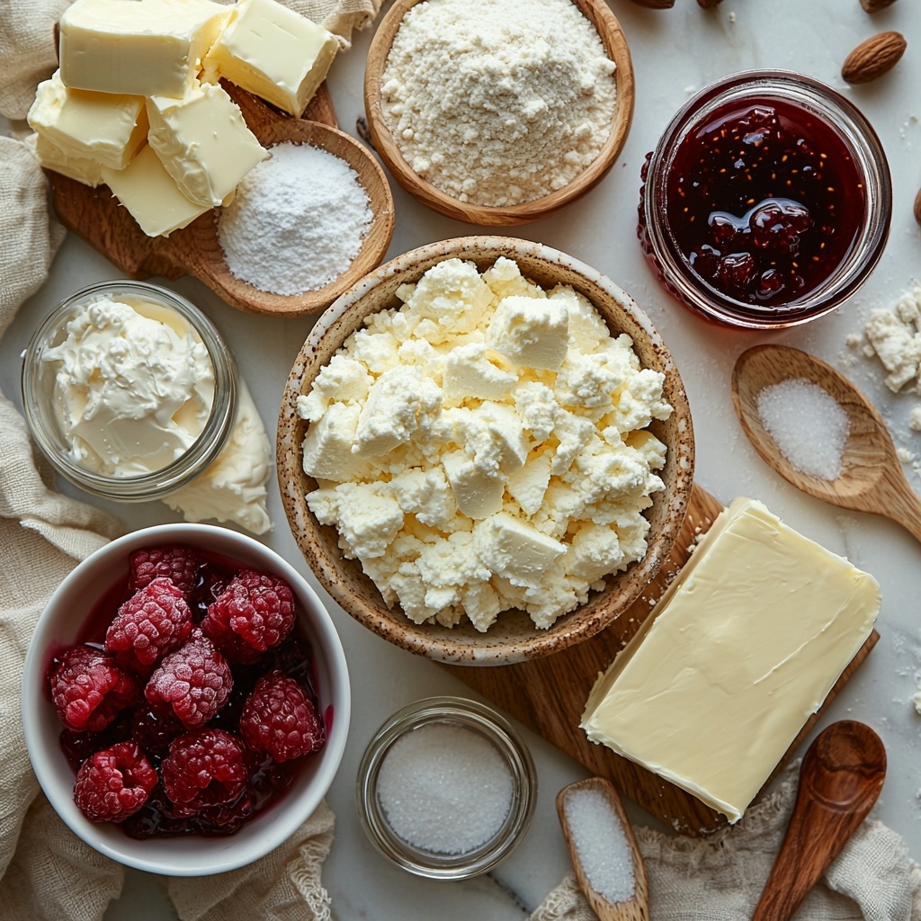 baking mix in a small rustic ceramic bowl showing fine powder texture, granulated sugar in a clear glass jar with sparkling white crystals catching light, unsalted butter block with a creamy pale yellow color resting on a wooden butter board, whole milk in a simple transparent measuring cup reflecting soft highlights, smooth cream cheese spread in a white porcelain dish with a glossy surface, vibrant ruby red raspberry preserves in a small white ramekin with shiny, chunky texture, a mound of powdered sugar dusted lightly on a linen napkin, a small glass bowl containing a milky glaze mixture with vanilla bean specks visible, a tiny glass bottle of vanilla extract with amber liquid and a minimalist label, all ingredients carefully arranged in a balanced composition on a clean white marble surface with natural diffused light casting soft shadows, minimalistic styling with neutral tones to emphasize the colors and textures of ingredients, subtle props like a wooden spoon and vintage measuring spoons placed casually nearby, overhead shot, top down view, flat lay photography, professional food styling --ar 1:1 --q 2 --s 750 --v 6.1