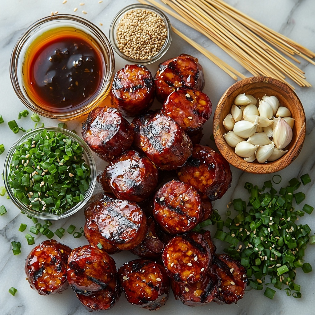 A clean white marble surface neatly arranged with main ingredients for honey teriyaki kielbasa bites: sliced kielbasa sausage rounds showcasing rich reddish-brown color and slightly glossy texture; a small glass bowl filled with rich amber honey; a small dish with dark glossy teriyaki sauce; a tiny bowl of deep brown soy sauce or tamari; a small pile of pale yellow garlic powder; a little heap of light tan ground ginger; a small wooden bowl of white and golden toasted sesame seeds; finely sliced vibrant green onions arranged in a delicate pile; a few natural wood toothpicks fanned out artistically nearby. Soft natural lighting highlights the glossy, sticky textures of the sauces and honey, the moistness of the kielbasa slices, and the powdery texture of the spices. The composition balanced and airy with negative space around the ingredients, styled for a clean, appetizing, and inviting presentation. Overhead shot, top down view, flat lay photography, professional food styling --ar 1:1 --q 2 --s 750 --v 6.1