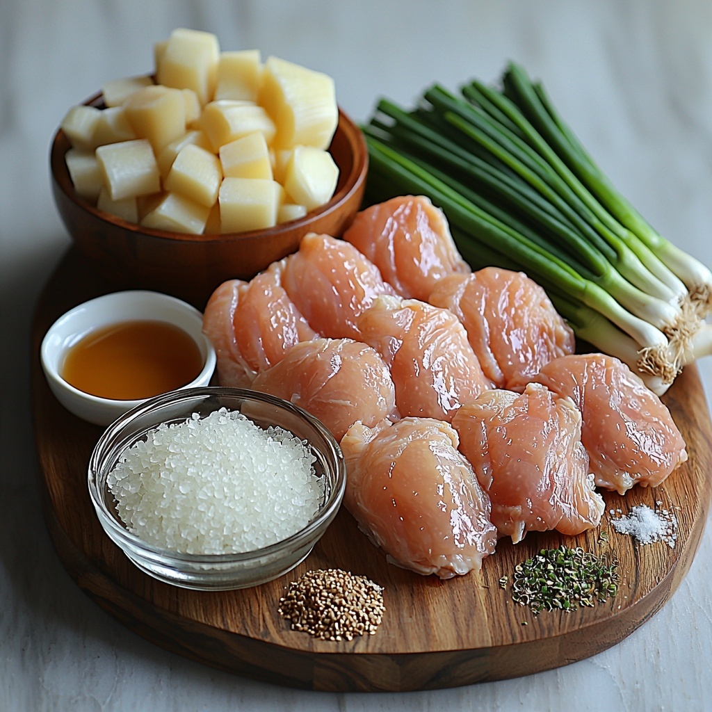 fresh raw chicken thighs, roughly arranged showing pale pink tones and smooth texture; clear glass package of translucent cellophane noodles, loosely coiled beside the chicken; a small wooden bowl with low-sodium chicken broth, golden and slightly shimmering; white ceramic dish with light brown low-sodium soy sauce glistening; fresh ginger root, partially peeled showing fibrous bright yellow interior and knobby tan skin; small heap of coarse kosher salt crystals, sparkling white; bunch of vibrant green onions, thinly sliced with bright green and white rings scattered artistically; all ingredients neatly spaced out on a clean white surface with natural soft daylight highlighting textures and subtle color contrasts, minimalistic styling with gentle shadows emphasizing freshness and simplicity, overhead shot, top down view, flat lay photography, professional food styling --ar 1:1 --q 2 --s 750 --v 6.1
