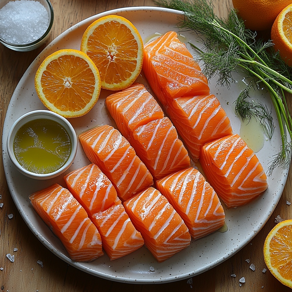 Salmon fillets cut into equal 1-inch strips, laid out neatly on a white ceramic plate; peeled and segmented bright orange orange slices scattered artfully around the plate and on the clean surface; a small fennel bulb, halved lengthwise, cored and thinly sliced crosswise, arranged in a small pile with delicate green fronds fanned beside it; a small white bowl containing sea salt crystals with some sprinkled lightly nearby; a small glass container or drizzle lines of golden olive oil on the clean surface; fresh vibrant colors with the rich pink of the salmon contrasting against the vivid orange and crisp pale green fennel; textures ranging from the smooth fish flesh, juicy citrus segments, feathery fennel fronds, and coarse salt; all ingredients spaced evenly on a smooth, light-colored wooden or marble surface; soft natural lighting enhancing the freshness and colors, subtle shadows for depth, minimalistic styling with focus on clean lines and visual balance — overhead shot, top down view, flat lay photography, professional food styling --ar 1:1 --q 2 --s 750 --v 6.1