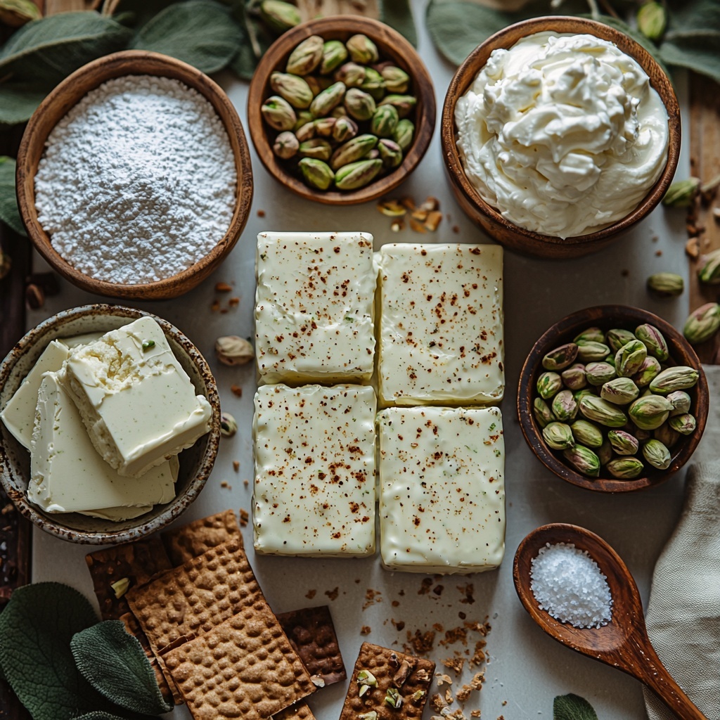 A beautifully arranged flat lay of no bake pistachio cheesecake ingredients on a clean white surface: a small bowl of golden graham cracker crumbs with a pat of melted butter glistening beside it, a wooden spoon dusted with granulated sugar, two blocks of smooth, soft cream cheese wrapped partly in parchment paper, a neat mound of fine white powdered sugar, a pastel green box of instant pistachio pudding mix with delicate pistachio nuts scattered loosely nearby, a glass bowl filled with cold thick heavy cream showing soft peaks, a small dish of chopped vibrant green pistachios with some whole nuts for texture contrast, a dollop of fluffy whipped cream on a ceramic spoon, and fine curls of white chocolate shavings arranged artfully. The ingredients are spaced evenly with natural soft daylight illuminating the varied textures—creamy, crumbly, smooth, and crunchy—accentuating the mixture of muted earth tones and fresh pistachio green hues. Subtle shadows add depth, with minimalist props like a linen napkin and a rustic wooden board partially visible at edges, styled with a clean, modern aesthetic. Overhead shot, top down view, flat lay photography, professional food styling --ar 1:1 --q 2 --s 750 --v 6.1