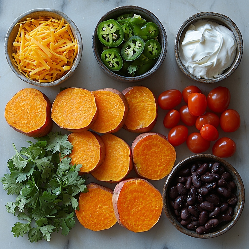 sweet potatoes sliced into thin rounds with vibrant orange flesh, smooth and slightly glossy; small bowl of extra virgin olive oil with rich golden hue; cup of shredded cheddar cheese in bright yellow-orange strands; open can of black beans, shiny and plump, dark glossy surface; fresh jalapeño slices showing vibrant green color and seeds; small bowl of diced tomatoes, bright red with juicy texture; dollops of creamy white sour cream or Greek yogurt in a small rustic bowl; fresh cilantro sprigs with vivid green leaves scattered gently around; all ingredients arranged neatly and spaced evenly on a clean white matte surface, emphasizing contrasting colors and textures, natural daylight highlighting the freshness and vibrancy, minimal shadows, casual yet intentional placement for inviting, appetizing look overhead shot, top down view, flat lay photography, professional food styling --ar 1:1 --q 2 --s 750 --v 6.1