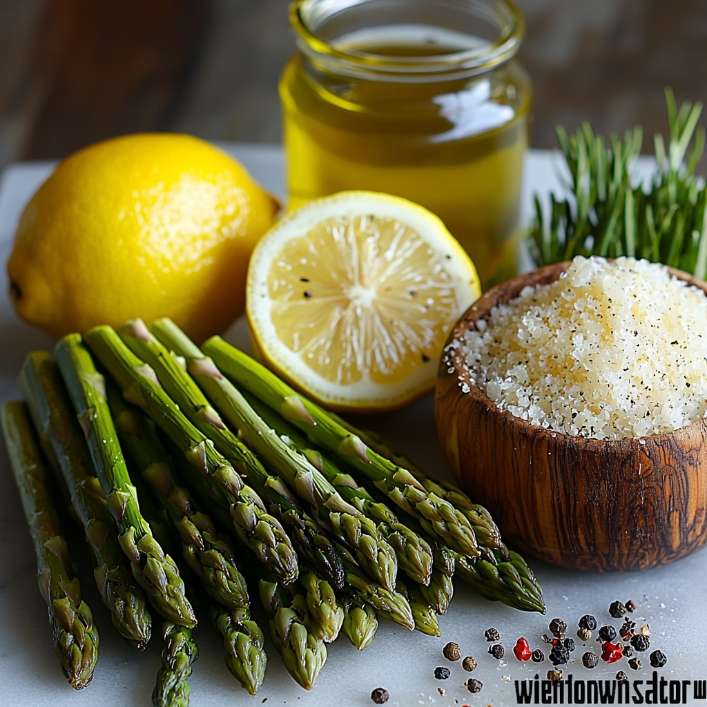 fresh asparagus spears neatly trimmed and bundled, vibrant green with woody tips, a small clear glass bowl of golden olive oil reflecting light, coarse sea salt crystals scattered artfully, a small heap of cracked black peppercorns, bright yellow lemon zest curls and a halved lemon with glossy vibrant flesh, a rustic wooden bowl filled with finely grated white Parmesan cheese, a small dish with translucent pale yellow lemon juice, and a pinch of deep red crushed red pepper flakes in a tiny ceramic spoon, all arranged on a clean white marble surface with soft natural lighting highlighting the fresh textures and colors, minimal shadows, balanced composition with space between each ingredient for clarity, overhead shot, top down view, flat lay photography, professional food styling --ar 1:1 --q 2 --s 750 --v 6.1