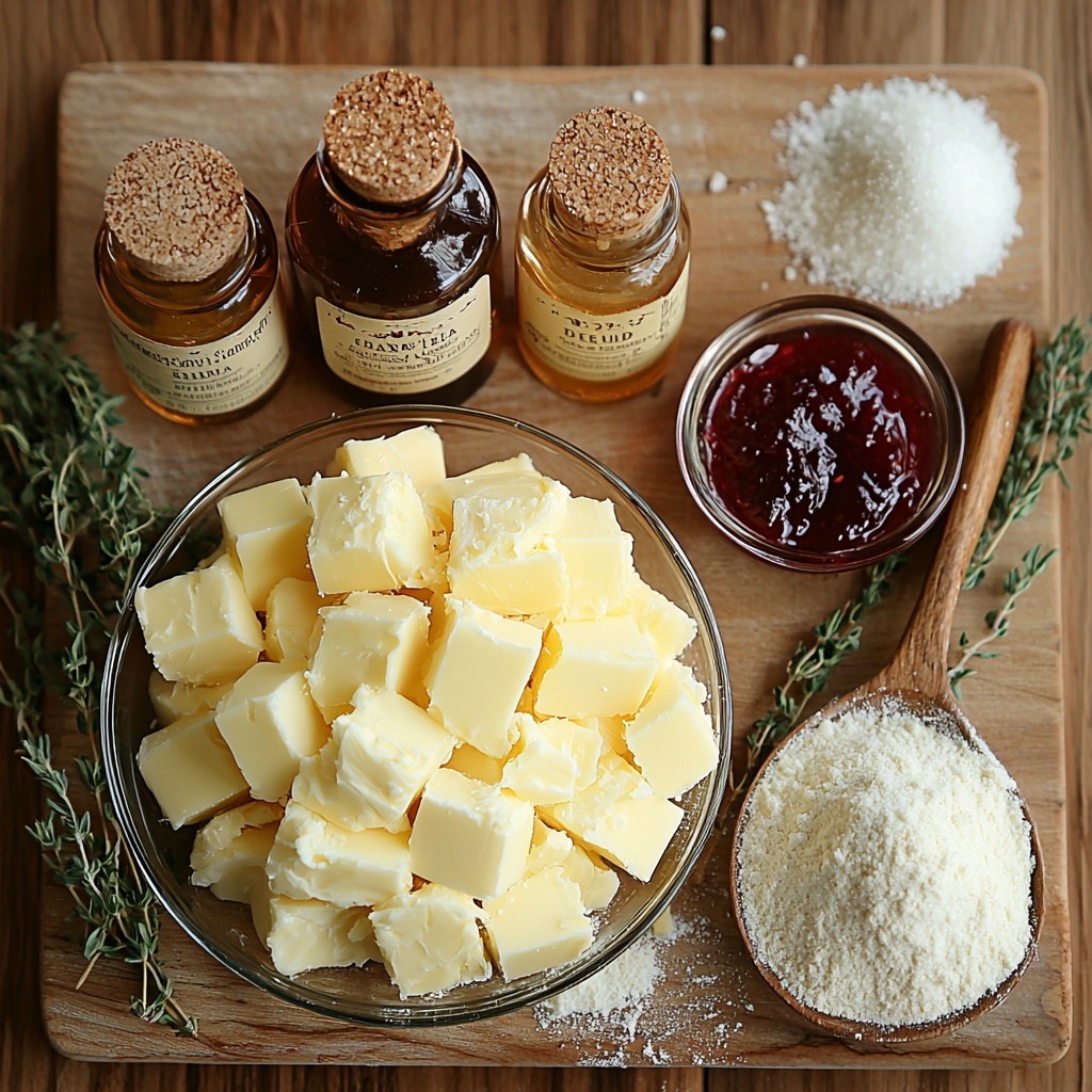 Unsalted butter softened in a small glass bowl, creamy pale yellow with smooth texture; granulated sugar in a rustic ceramic scoop, sparkling white crystals catching the light; a small clear glass bottle of pure vanilla extract with rich amber liquid; a tiny dish holding clear almond extract, subtle pale gold hue; a neat mound of all-purpose flour on natural parchment paper, soft white powdery texture; a small pinch bowl with fine sea salt, pure white granules; a vintage spoon filled with vibrant red raspberry jam, glossy and thick with visible seedless texture; all ingredients arranged thoughtfully on a clean, light wooden surface with warm natural lighting highlighting colors and textures, minimal shadows, slight rustic kitchen vibe, some scattered flour dust and sugar crystals for an authentic feel, styled with delicate sprigs of fresh herbs nearby for contrast and freshness, overhead shot, top down view, flat lay photography, professional food styling --ar 1:1 --q 2 --s 750 --v 6.1