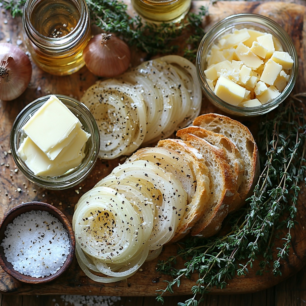 4 large thinly sliced golden onions fanned out neatly, 4 tablespoons creamy unsalted butter in a small rustic bowl, 1 tablespoon glossy olive oil in a glass dish, 1 teaspoon granulated white sugar sprinkled artfully, 2 cloves garlic minced finely on a wooden spoon, a large clear measuring cup filled with rich dark beef broth, 1 cup dry white wine in a delicate glass, fresh vibrant green thyme leaves scattered loosely and in a small herb bundle, coarse salt and cracked black pepper in small ceramic bowls, 8 slices of crusty golden baguette stacked and leaning casually, 2 cups grated pale yellow Gruyère cheese in a textured bowl, all arranged thoughtfully on a clean light wood surface with natural soft lighting enhancing warm golden and earthy tones, shadows soft and diffused, emphasizing textures like the translucency of onions and the crumbly crust of the baguette, delicate reflections from glass and ceramic elements, overhead shot, top down view, flat lay photography, professional food styling --ar 1:1 --q 2 --s 750 --v 6.1