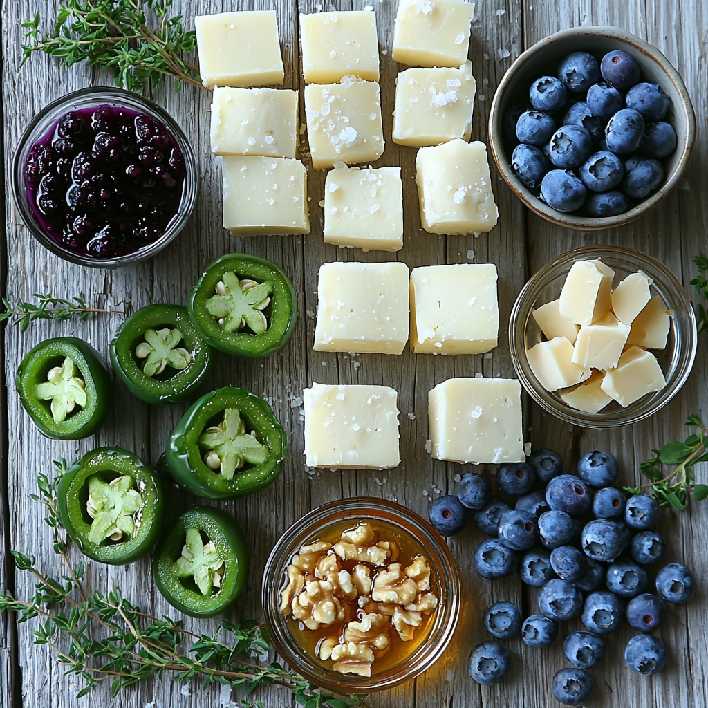 Jalapeño halves bright green with smooth, shiny skin, arranged neatly in a semi-circle on a clean, light wooden surface; small cubes of creamy, off-white brie cheese with slightly soft edges scattered next to the jalapeños; a small bowl of deep purple-blue glossy blueberry preserves surrounded by fresh blueberries with a natural matte finish; a small glass dish of golden honey with a delicate sheen; finely chopped walnuts with rich brown tones and crunchy texture sprinkled loosely nearby; thin strips of vibrant yellow lemon zest laid out delicately; a pinch of coarse sea salt crystals sparkling subtly; fresh sprigs of bright green thyme and parsley adding a pop of color and freshness to the composition. Soft natural lighting highlights the contrasting textures and colors, minimal shadows, with a gentle focus on capturing freshness and artisanal simplicity. Overhead shot, top down view, flat lay photography, professional food styling --ar 1:1 --q 2 --s 750 --v 6.1