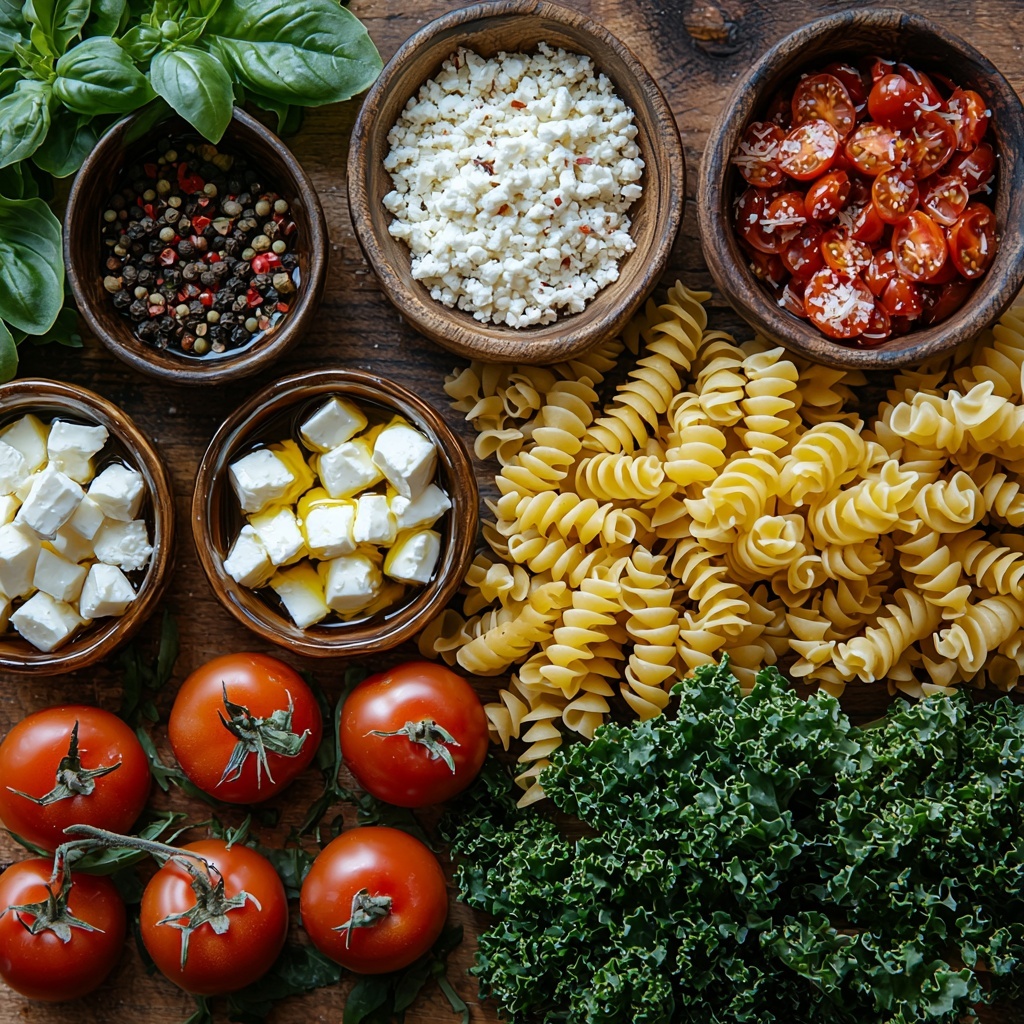 A vibrant flat lay of Mediterranean pasta salad ingredients arranged neatly on a clean, light wooden surface: small glass bowls of golden olive oil, deep green basil paste, and dark, glossy balsamic vinegar; a rustic spoon of finely minced white garlic; sprinkled piles of Italian seasoning and red pepper flakes in tiny ceramic dishes; coarse salt and black peppercorns subtly scattered; a heap of uncooked pale golden pasta spirals; fresh, dark green kale leaves with crisp texture; crumbled white feta cheese and finely grated pale yellow Parmesan cheese in small bowls; bright red halved cherry tomatoes with glossy skins adding a pop of color. The ingredients are spaced evenly with natural daylight casting soft shadows, emphasizing rich colors and varied textures for a fresh, inviting Mediterranean vibe. Overhead shot, top down view, flat lay photography, professional food styling --ar 1:1 --q 2 --s 750 --v 6.1