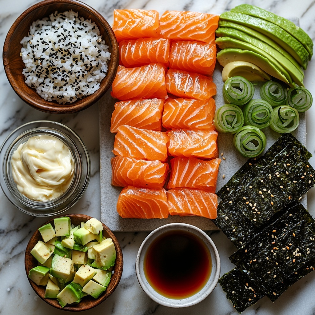 Salmon sushi bake ingredients arranged neatly on a clean white marble surface: two mounds of fluffy cooked sushi rice with a slightly sticky texture, a small glass bowl of clear rice vinegar next to a white ceramic spoon holding granulated white sugar and a pinch of fine salt; a rustic wooden bowl filled with flaked pink-orange cooked salmon; a small glass ramekin of creamy pale mayo contrasted by a bright red-orange sriracha sauce in a tiny dish; a dark soy sauce pool shimmering in a delicate porcelain spoon; a small amber dish with golden sesame oil; a dollop of soft white cream cheese on a rustic slate slab; a scattering of green, black, and white speckled furikake flakes adding texture and color; neatly diced pale green avocado cubes in a minimal white bowl; thinly sliced vibrant green onion rings fanned out elegantly; crisp, dark green nori sheets stacked to the side with slight texture visible. The arrangement is balanced and clean, natural light casting soft shadows, selective focus highlighting textures of creaminess, flakiness, and crispness, pops of green and red adding vibrancy, styled with minimal props emphasizing freshness and simplicity, overhead shot, top down view, flat lay photography, professional food styling --ar 1:1 --q 2 --s 750 --v 6.1