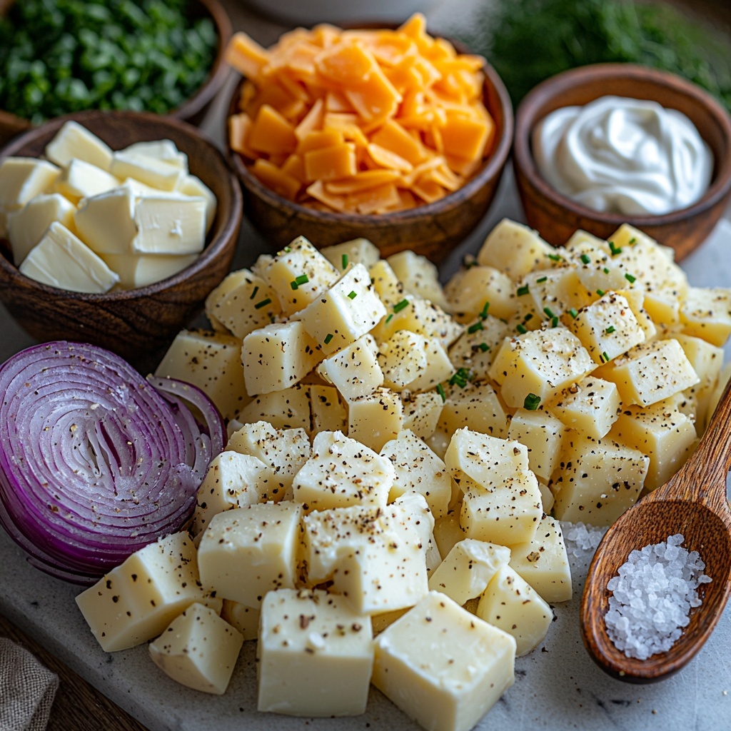 3 large russet potatoes, unpeeled with rough brown textured skin, one peeled and cut into chunky pieces showing creamy white flesh; medium onion finely chopped into small white and purple bits scattered lightly; small bowl of smooth, creamy white sour cream; heap of grated sharp Cheddar cheese in bright orange-yellow hues with a slightly crumbly texture; small pool of melted golden unsalted butter glistening; vintage wooden spoon resting on a sprinkle of coarse white salt crystals and cracked black peppercorns; small bunch of finely chopped fresh green chives with vibrant color scattered delicately around; all ingredients arranged neatly and spaced out on a clean white marble surface with subtle natural light highlighting the textures and colors, shadows soft and diffused, styled with a few rustic kitchen props like a linen napkin and simple ceramic bowls adding warmth and authenticity overhead shot, top down view, flat lay photography, professional food styling --ar 1:1 --q 2 --s 750 --v 6.1