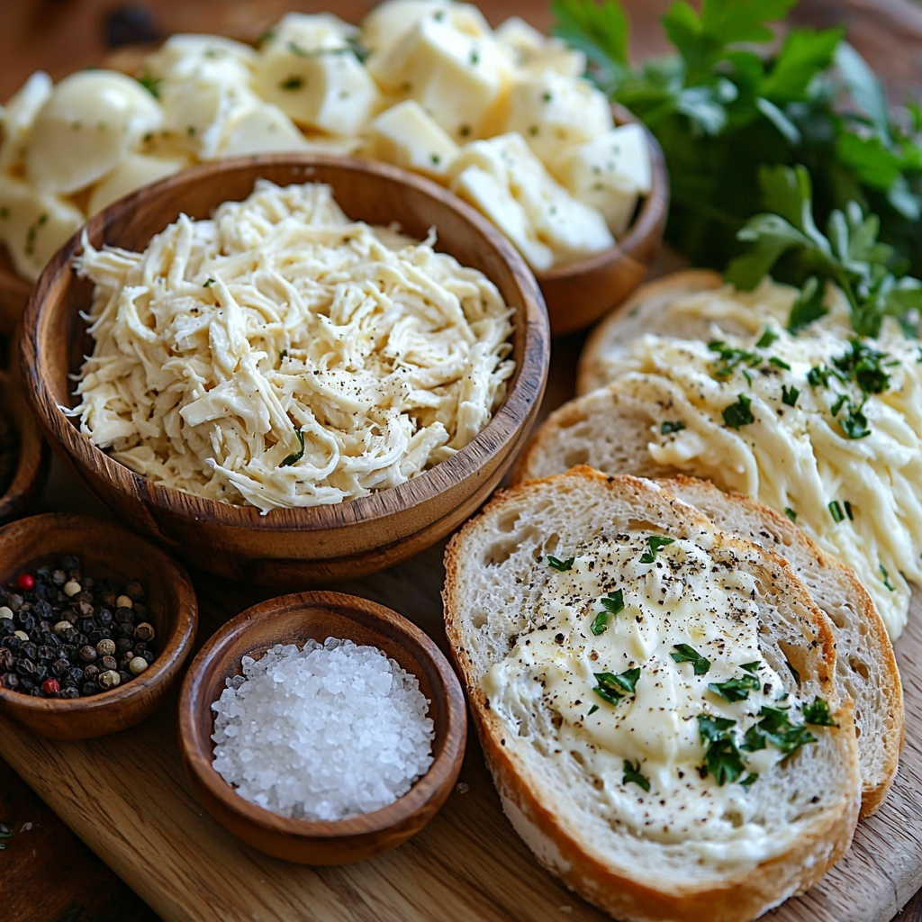 2 slices of rustic white bread next to a small bowl of golden garlic butter with visible herbs, a heap of shredded cooked chicken with a tender texture and light brown color, a pile of finely shredded mozzarella cheese in soft white strands, scattered coarse salt crystals and freshly ground black peppercorns in small clear bowls, all arranged neatly on a clean, light wooden surface. Soft natural lighting highlighting the creamy textures and warm tones, subtle shadows adding depth, minimalist styling with a few fresh parsley sprigs for a pop of green. Overhead shot, top down view, flat lay photography, professional food styling --ar 1:1 --q 2 --s 750 --v 6.1