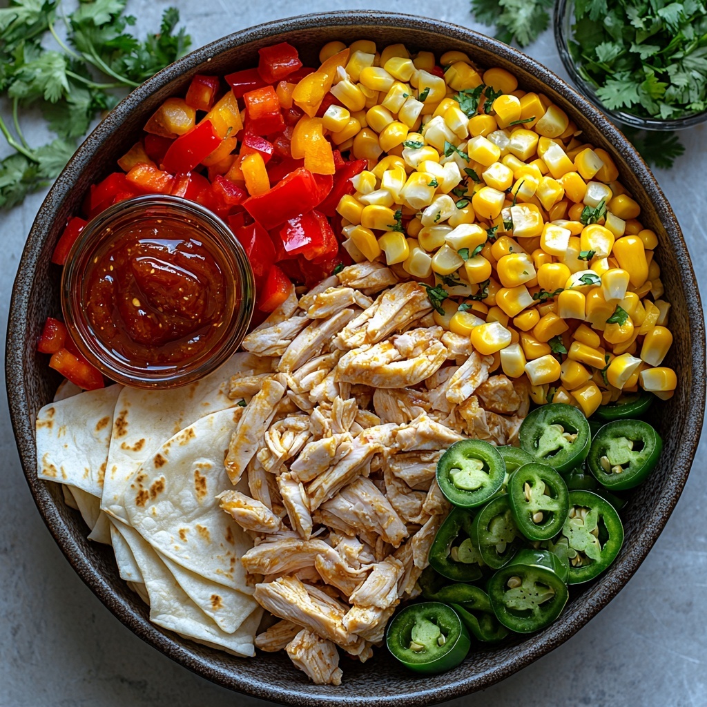 Shredded rotisserie chicken glazed with glossy hot honey and smoky BBQ sauce in a small rustic bowl, vibrant sliced bell peppers in red, yellow, and green arranged neatly beside thinly sliced translucent onions, a heap of golden corn kernels adding pops of yellow, fresh green jalapeños whole and sliced for texture contrast, a wedge of creamy Monterey Jack cheese with smooth, pale ivory texture, soft stack of warm, lightly toasted flour tortillas folded and fanned out, a small glass dish of amber hot honey with a smooth surface, a bowl of rich, dark red smoky BBQ sauce with a shiny finish, drizzle of olive oil in a small glass container reflecting light, all laid out on a clean white marble surface to enhance colors and textures, natural soft daylight highlighting the freshness and vibrancy, minimal shadows, delicate sprigs of fresh cilantro scattered for garnish, styled with casual elegance and balanced spacing, overhead shot, top down view, flat lay photography, professional food styling --ar 1:1 --q 2 --s 750 --v 6.1