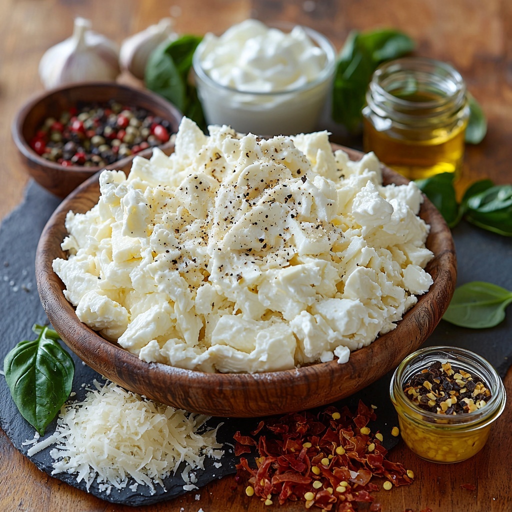 Cream cheese softened in a small rustic bowl, creamy and smooth texture; sour cream in a white ceramic ramekin, thick and glossy; shredded mozzarella cheese, fluffy white piles arranged on a wooden board, some scattered loosely; grated Parmesan cheese in a small glass jar, finely textured pale yellow; three peeled garlic cloves and a small pile of minced garlic on a white marble surface, slightly moist and fresh; Italian seasoning loose as a dried herb mix with green and brown flakes on a small ceramic spoon; coarse salt crystals and cracked black peppercorns in tiny clear dishes; golden olive oil in a small glass bowl catching light reflections; cooked crumbled Italian sausage rich brown with crisp edges placed on a dark slate plate; fresh chopped basil and parsley leaves bright green, vibrant and fresh, loosely scattered; red pepper flakes vivid deep red in a tiny pile; chopped spinach leaves dark green and fresh, arranged in a small heap; all ingredients carefully spaced with natural shadows and soft diffused daylight highlighting their textures, all set on a clean light wood surface with minimal props, overhead shot, top down view, flat lay photography, professional food styling --ar 1:1 --q 2 --s 750 --v 6.1