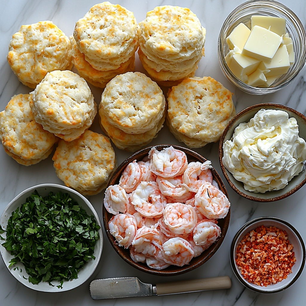 Shrimp, lump crab meat, shredded mozzarella cheese, softened cream cheese, refrigerated flaky biscuits, melted butter in a small glass bowl, fresh chopped parsley, Old Bay seasoning in a small dish. Arranged neatly on a clean white marble surface: flaky golden biscuits stacked and scattered casually on one side, a rustic bowl of pink chopped cooked shrimp next to bright white lump crab meat on a small plate, a pile of soft creamy white cream cheese with a cheese knife resting nearby, shredded mozzarella cheese loosely piled showing its fluffy texture, vibrant green chopped parsley sprinkled artfully, melted butter shining in a clear glass bowl, and a small ceramic dish of deep red and orange Old Bay seasoning adding a pop of color. Soft natural lighting enhances the textures and colors, gentle shadows create depth, the composition balanced with a mix of bowls, plates, and loose ingredients, evoking fresh, inviting comfort food preparation. overhead shot, top down view, flat lay photography, professional food styling --ar 1:1 --q 2 --s 750 --v 6.1