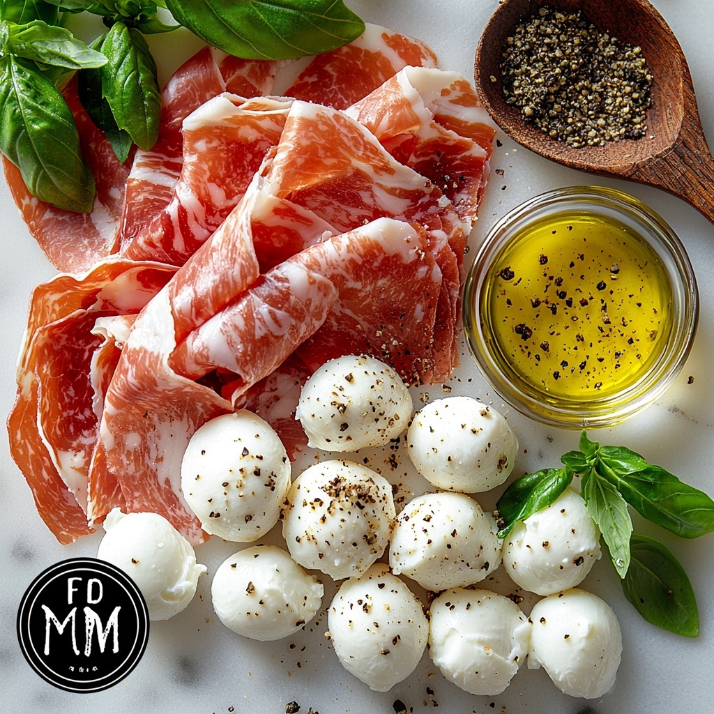 Prosciutto slices gently fanned out on a smooth white marble surface, delicate pink hues with subtle marbling of fat; fresh mozzarella balls, glossy and creamy white, some whole and some cut in half showing their soft texture; small glass bowl of golden olive oil glistening under soft light; teaspoon-sized piles of dried oregano with vibrant green flakes, garlic powder fine and pale beige, and ground black pepper scattered artfully nearby; sprigs and chopped leaves of fresh bright green basil adding a pop of color; ingredients arranged in balanced clusters with natural spacing, emphasizing contrasting textures and colors; soft natural light casting gentle shadows enhancing the freshness and simplicity of the ingredients, styled with minimal rustic props like a small wooden spoon and linen napkin folded casually; clean, bright, and inviting composition perfect for a gourmet appetizer presentation; overhead shot, top down view, flat lay photography, professional food styling --ar 1:1 --q 2 --s 750 --v 6.1