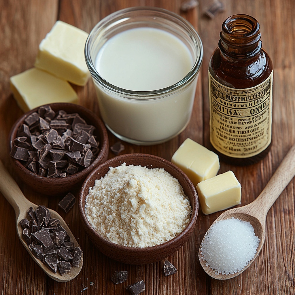 Granulated sugar in a small glass bowl, rich dark brown unsweetened cocoa powder in a rustic ceramic dish, fine white cornstarch in a delicate porcelain scoop, a small heap of fine salt crystals on a wooden spoon, a clear glass measuring cup filled with creamy whole milk, a small glass bottle of golden vanilla extract with a vintage label, two tablespoons of smooth unsalted butter on a white butter dish. All ingredients are neatly arranged on a clean, light natural wood surface with soft natural lighting enhancing the creamy whites, deep browns, and soft yellows. The textures are clearly visible: powdery cocoa and cornstarch, granular sugar crystals, smooth milk surface, and glossy butter. Minimalist styling with slight shadows for depth, crisp and vibrant colors, arranged symmetrically with slight asymmetry for natural feel. Overhead shot, top down view, flat lay photography, professional food styling --ar 1:1 --q 2 --s 750 --v 6.1