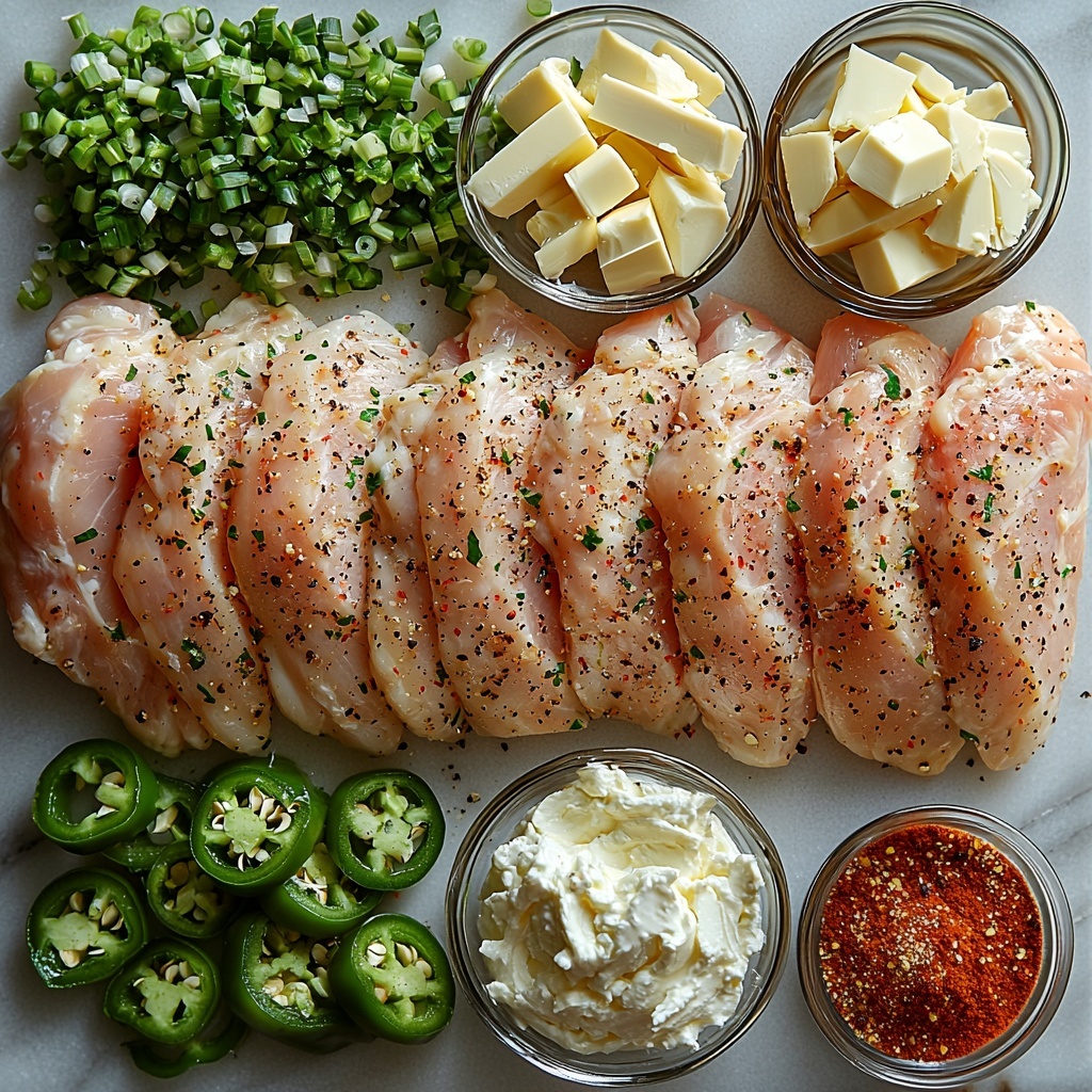 Jalapeño Popper Chicken ingredients arranged neatly on a clean white marble surface: two large raw boneless skinless chicken breasts seasoned with visible salt, pepper, and paprika sprinkled on top; a small glass bowl with bright green diced jalapeños; three whole fresh jalapeños with smooth shiny skins; a small heap of finely minced garlic cloves; softened cream cheese cut into cubes, creamy white and smooth; a dollop of thick, white sour cream in a small bowl; a pile of golden shredded cheddar cheese with a slightly crumbly texture; five strips of crispy, roughly chopped bacon with rich reddish-brown and glistening fat; three sliced green onions with fresh, vibrant green and white rings; a small bowl with pale yellow olive oil; two tablespoons of golden yellow butter cubes; a transparent measuring cup containing the light golden chicken broth mixed with the bouillon cube, hot sauce, and dried spices (oregano, mustard powder, parsley, onion powder, garlic powder) visible as specks of green, yellow, and beige; a small mound of fine white flour. The ingredients are spaced evenly with natural soft daylight highlighting their textures and colors, subtle shadows adding depth, rustic wooden spoon and measuring spoons included for styling, fresh and clean aesthetic, slight overhead angle emphasizing variety and freshness, overhead shot, top down view, flat lay photography, professional food styling --ar 1:1 --q 2 --s 750 --v 6.1