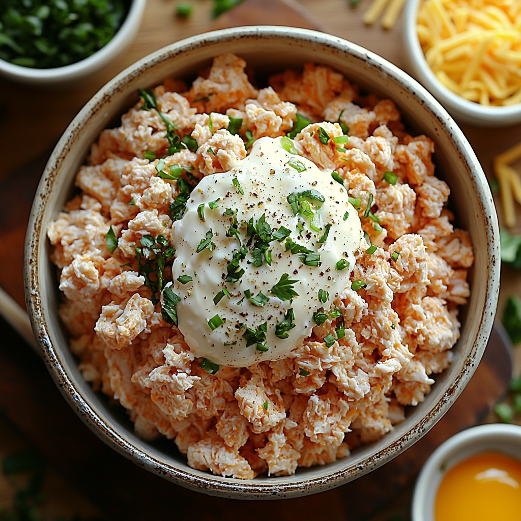 ground chicken in a white ceramic bowl with soft pinkish texture, shredded cheese piled loosely in a small clear glass dish showing pale yellow strands, finely chopped bright green jalapeños in a small white ramekin, creamy off-white ranch dressing in a small glass jar with a metal spoon, golden crispy breadcrumbs scattered artfully on a rustic wooden board, a single cracked egg with vibrant orange yolk in a small white bowl, salt and pepper grains sprinkled lightly on a clean white marble surface, all ingredients arranged neatly with balanced spacing and natural soft daylight, subtle shadows adding depth, clean minimalistic background emphasizing textures and colors, overhead shot, top down view, flat lay photography, professional food styling --ar 1:1 --q 2 --s 750 --v 6.1