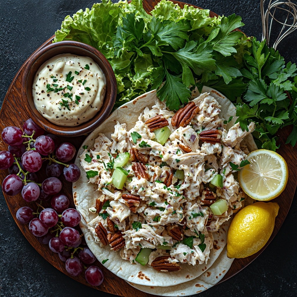 2 cups shredded cooked chicken, ¾ cup halved red grapes, ¼ cup chopped pecans, ¼ cup thinly sliced celery, ⅓ cup creamy mayonnaise, 1 tablespoon fresh lemon with zest, salt and black pepper in small rustic bowls, 3 large soft flour tortillas neatly stacked, 6 to 8 crisp leafy lettuce leaves fanned out, fresh bright green parsley sprigs for garnish; all ingredients carefully arranged on a clean white surface with natural light highlighting varied textures and colors — the succulent chicken fibers, glossy grapes, crunchy pecans, crisp celery slices, smooth mayo, and soft tortillas creating a harmonious composition; garnished with a few lemon wedges and parsley sprigs for freshness and color contrast; props include a wooden cutting board under tortillas and a small whisk by the mayonnaise bowl for context, minimal shadows, soft diffused lighting emphasizing freshness and inviting textures overhead shot, top down view, flat lay photography, professional food styling --ar 1:1 --q 2 --s 750 --v 6.1
