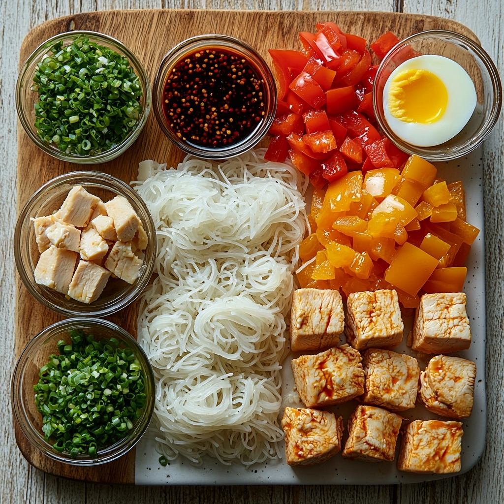 8 oz translucent soaked rice noodles coiled loosely on a white ceramic plate, next to two raw boneless chicken breasts diced into neat bite-sized cubes on a rustic wooden cutting board; small glass bowls holding 2 tbsp golden vegetable oil, 3 tbsp dark reddish-brown tamarind paste, 3 tbsp glossy low-sodium soy sauce, 1 tbsp amber fish sauce, and 2 tbsp light brown granulated sugar arranged in a row; a pair of lightly scrambled soft yellow eggs in a small white bowl; vibrant red and yellow sliced bell peppers fanned out on a clean white surface; a heap of crisp white bean sprouts with delicate green tips beside finely chopped bright green scallions scattered gently nearby; overall composition on a smooth light-colored wooden tabletop with natural soft daylight casting gentle shadows, styled with minimal rustic props such as a wooden spoon and a linen napkin for texture contrast, emphasizing fresh, vivid colors and varied textures for an inviting cooking preparation scene — overhead shot, top down view, flat lay photography, professional food styling --ar 1:1 --q 2 --s 750 --v 6.1