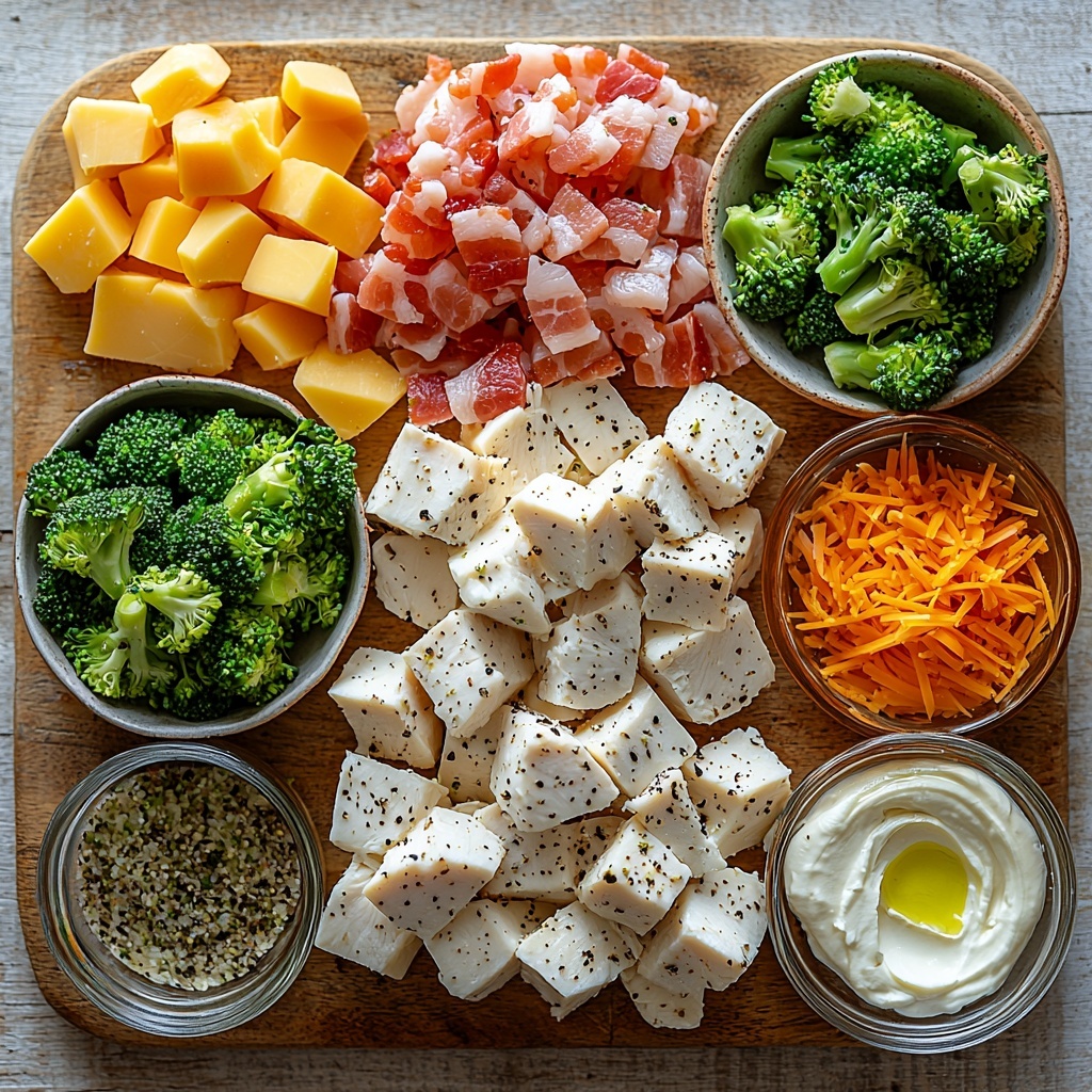 Keto Chicken Bacon Ranch Casserole ingredients neatly arranged on a clean, light wooden surface for a flat lay overhead shot. Cubed raw chicken breast displayed in a small white bowl, bright green broccoli florets scattered loosely beside it, crispy golden-brown cooked bacon pieces in a rustic ceramic dish. Shredded vibrant orange cheddar cheese and soft white shredded mozzarella cheese placed side by side on a small wooden board. Cream cheese softened and creamy white in a glass bowl next to a small ramekin of ranch seasoning, pale beige with green herb flecks. A small glass container of golden olive oil with a subtle glisten nearby. The ingredients showcase contrasting textures: tender chicken, crisp broccoli, crunchy bacon, smooth cream cheese, and shredded cheeses, all vivid and fresh. Soft natural lighting highlights the rich colors and textures, minimal shadows, with clean lines and negative space around each item for balance. Overhead shot, top down view, flat lay photography, professional food styling --ar 1:1 --q 2 --s 750 --v 6.1