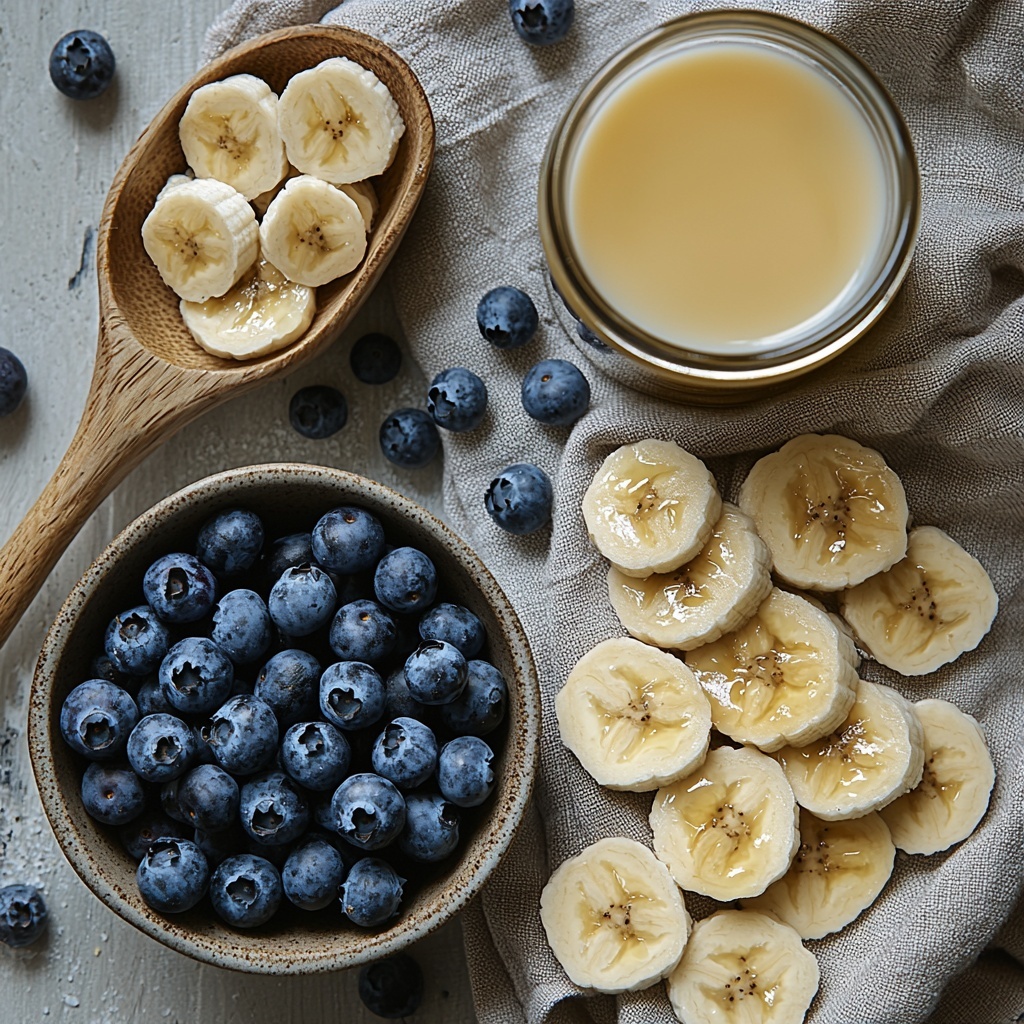 Wyman's frozen wild blueberries in a small rustic bowl with frosty, deep blue and purple hues; sliced banana coins arranged in a clean semi-circle showcasing creamy pale yellow with slight frost crystals; a glass measuring cup partially filled with smooth, light beige almond milk; a small glass ramekin holding golden amber maple syrup with glossy highlights; all ingredients neatly spaced out on a bright white matte surface to enhance vibrant natural colors and contrasting textures; soft natural lighting from the side creating gentle shadows; minimalist styling with a hint of rustic charm using a wooden spoon and a linen napkin folded casually nearby; overhead shot, top down view, flat lay photography, professional food styling --ar 1:1 --q 2 --s 750 --v 6.1