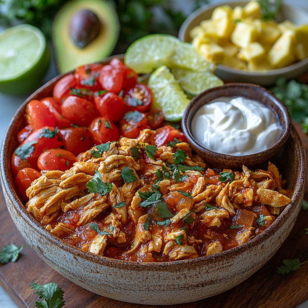 3 cups shredded cooked chicken in a small rustic bowl, 2 dark red chipotle peppers alongside a small dish of smoky red adobo sauce, 3 medium ripe tomatoes chopped into rough chunks with vibrant red hues, 1 large white onion thinly sliced in delicate translucent rings, 3 garlic cloves peeled and minced displayed neatly on a wooden spoon, a small glass measuring cup with 1/2 cup golden chicken broth, 1 tablespoon glossy olive oil pooled on a white ceramic spoon, 1 teaspoon coarse salt crystals scattered beside it, 8 crisp golden tostada shells fanned out in a semicircle, 1/2 cup smooth sour cream or Mexican crema in a small white bowl, 1 large avocado diced into bright green cubes on a rustic wooden board, 1/4 cup fresh chopped cilantro with bright green leaves sprinkled loosely, 1/2 cup crumbled white queso fresco in a small earthenware bowl, vibrant green lime wedges arranged in a neat cluster, all ingredients arranged neatly on a clean white background with natural soft daylight highlighting vivid colors and varied textures, styled with minimal rustic props and subtle shadows for depth, overhead shot, top down view, flat lay photography, professional food styling --ar 1:1 --q 2 --s 750 --v 6.1