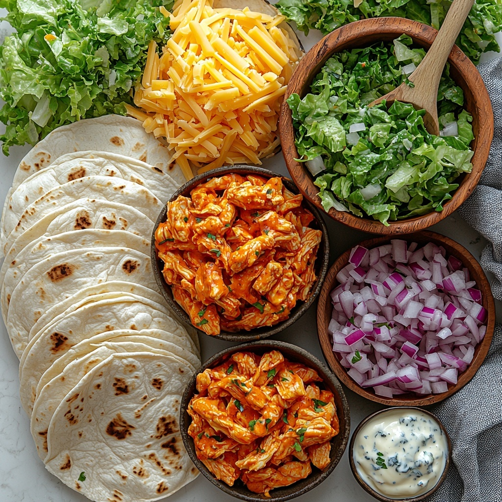 Classic Buffalo Chicken Wrap ingredients flat lay on a clean white surface: shredded cooked chicken breast coated in vibrant orange-red buffalo wing sauce in a small rustic bowl, a pat of melting golden butter nearby, a small dish of creamy white ranch or blue cheese dressing with visible herbs, four soft, folded large flour tortillas arranged gently overlapping, a pile of fresh bright green shredded lettuce leaves, a small bowl of juicy diced red tomatoes with glossy skin, a small heap of finely shredded sharp yellow-orange cheddar cheese, diced purple-red raw red onion in a neat pile, extra dressing drizzled artistically around the bowls, natural daylight casting soft shadows highlighting textures, minimalistic rustic props like a wooden spoon and neutral linen napkin, crisp and clean styling emphasizing fresh colors and contrasts, sharp focus with slight depth of field, overhead shot, top down view, flat lay photography, professional food styling --ar 1:1 --q 2 --s 750 --v 6.1