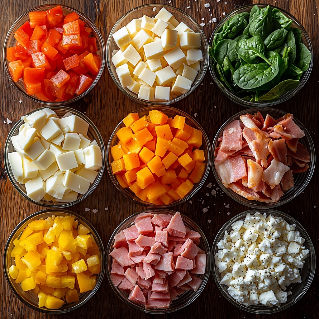 egg whites in a clear glass measuring cup showing frothy texture, small white bowl with diced colorful vegetables including bright green spinach, red and yellow bell peppers, and translucent onions, a small bowl of shredded cheese blending cheddar’s vivid orange, white feta crumbles, and creamy mozzarella strands, plate with cooked meat slices such as browned turkey breast, crispy ham, and crispy bacon strips, scattered salt and pepper grains on the clean white surface, cooking spray bottle and muffin liners subtly placed nearby, ingredients neatly arranged in a balanced composition with vibrant colors and contrasting textures on a smooth, light wooden surface, soft natural lighting highlighting freshness and detail, minimalistic and tidy styling with slight shadows for depth overhead shot, top down view, flat lay photography, professional food styling --ar 1:1 --q 2 --s 750 --v 6.1