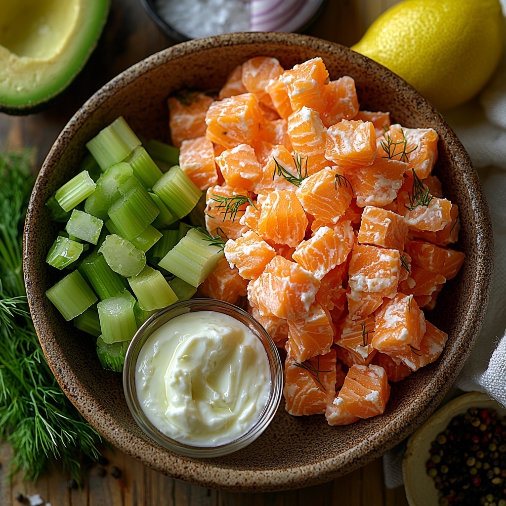 canned salmon flakes arranged in a small rustic bowl with visible pink-orange tones and flaky texture, half a ripe avocado sliced open showing creamy green flesh and smooth texture next to it, a small glass bowl with thick, white plain Greek yogurt, diced celery pieces bright green and crisp scattered neatly on a white ceramic plate, finely diced red onion with vibrant purple color placed in a small square dish, fresh chopped dill with deep green feathery leaves arranged loosely beside the other ingredients, a halved lemon with bright yellow rind and juicy pulp positioned nearby, small piles of garlic powder with fine white granules, small salt and black peppercorn containers subtly placed in the background, all ingredients evenly spaced and artfully arranged on a clean, light wooden surface with natural daylight highlighting textures and colors, minimalistic rustic styling with soft shadows, clean white linen napkin folded softly on the side, fresh and healthy vibe, overhead shot, top down view, flat lay photography, professional food styling --ar 1:1 --q 2 --s 750 --v 6.1