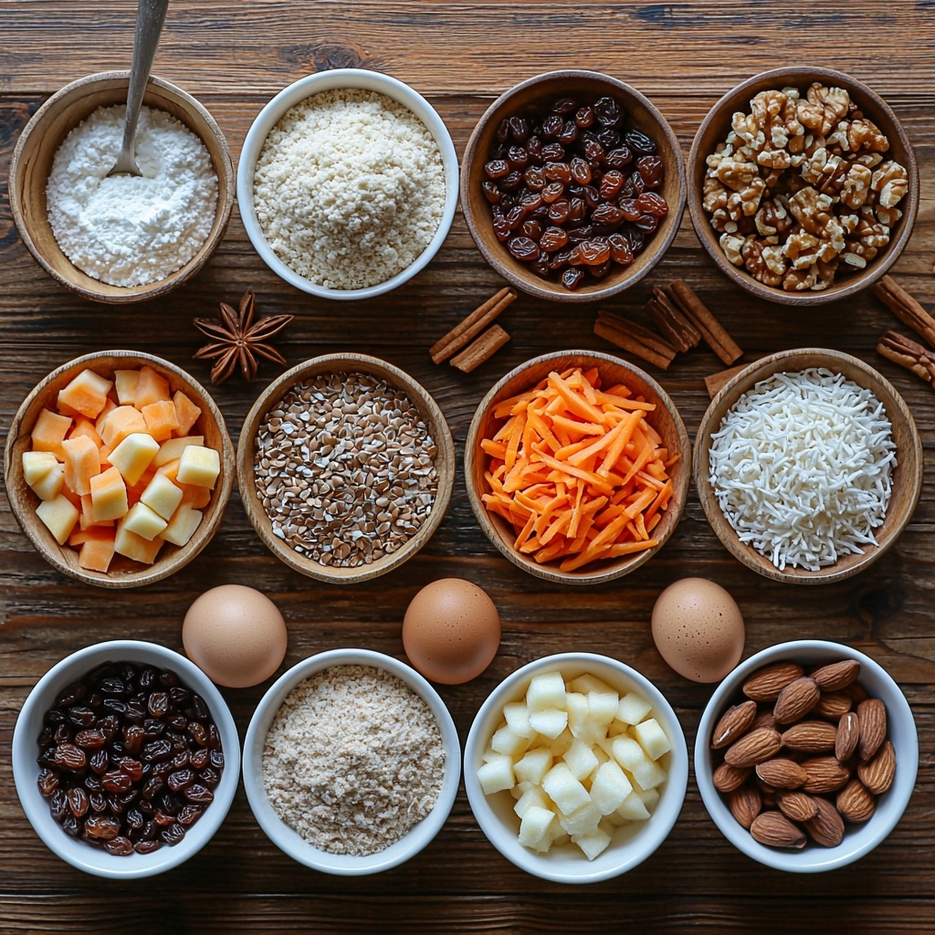 A clean, bright wooden surface arranged with all the main ingredients for Morning Glory Muffins in a visually balanced flat lay style. Small white bowls hold 2 cups all-purpose flour, 1 1/4 cups granulated sugar, 2 tsp baking soda, 2 tsp cinnamon, 1/2 tsp ground ginger, and 1/2 tsp salt, each showcasing their fine powdery textures and muted beige, off-white, and warm brown tones. Nearby, a small bowl with 1/4 cup ground flaxseed shows a coarse, sandy texture. Three large brown eggs rest naturally on the surface, their smooth shells contrasting with a clear glass measuring cup filled with golden yellow 1/2 cup vegetable oil and a small jar of amber-colored vanilla extract. A small bowl with 1/2 cup unsweetened applesauce adds a glossy, slightly translucent pale yellow touch. Freshly grated bright orange carrots are arranged in a loose pile beside peeled, finely grated white apple. Fluffy white shredded coconut, deep brown raisins, and roughly chopped light brown walnuts or pecans are each presented in small bowls, highlighting their varied textures—fibrous, wrinkled, and crunchy. Scattered loose cinnamon sticks and a vintage measuring spoon complete the rustic, wholesome feel. Soft natural lighting emphasizes the warm, earthy palette and textures, with gentle shadows and high clarity. Overhead shot, top down view, flat lay photography, professional food styling --ar 1:1 --q 2 --s 750 --v 6.1