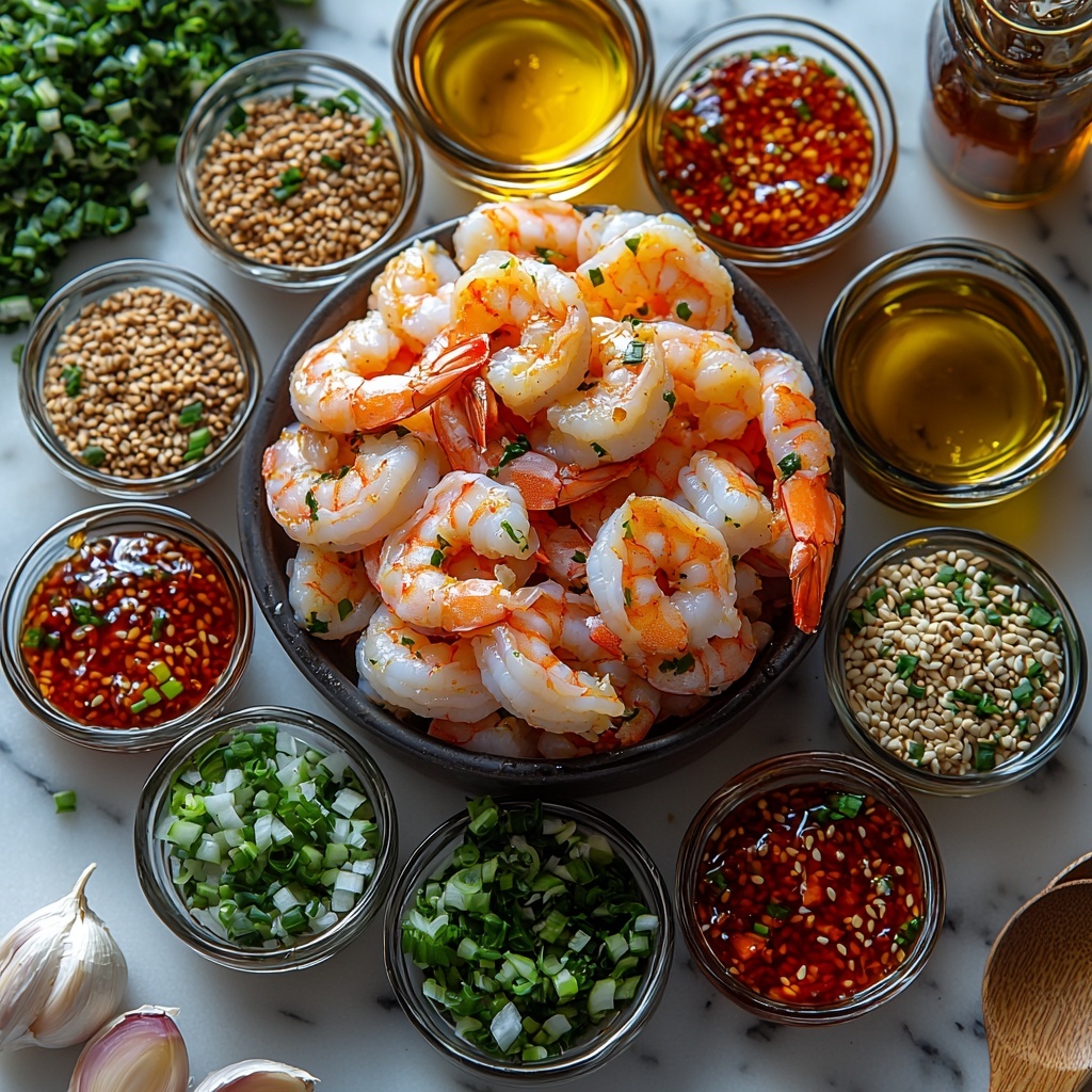 A clean white marble surface with all the main ingredients for Spicy Sriracha Honey Shrimp thoughtfully arranged in a balanced flat lay. Centered is a small bowl of peeled, deveined large shrimp, plump and slightly pink, surrounded by small glass bowls holding vivid red Sriracha sauce with a glossy texture, rich golden honey shimmering under natural light, dark amber soy sauce with a reflective surface, and bright yellow-green lime juice. Nearby, two peeled garlic cloves and a small pile of freshly grated ginger root add rustic texture. A small dish of coarse salt and a pepper grinder are positioned nearby. A sleek bottle of olive oil with rich golden hues is angled elegantly. Scattered around are chopped bright green onions and toasted sesame seeds for a pop of color and detail. The overall arrangement is airy with negative space, emphasizing freshness and vibrant colors, styled with soft natural lighting casting gentle shadows, capturing the textures and glossiness of sauces and ingredients. Clean, minimal props, neutral napkins, and subtle rustic wooden spoons complete the polished professional look. overhead shot, top down view, flat lay photography, professional food styling --ar 1:1 --q 2 --s 750 --v 6.1