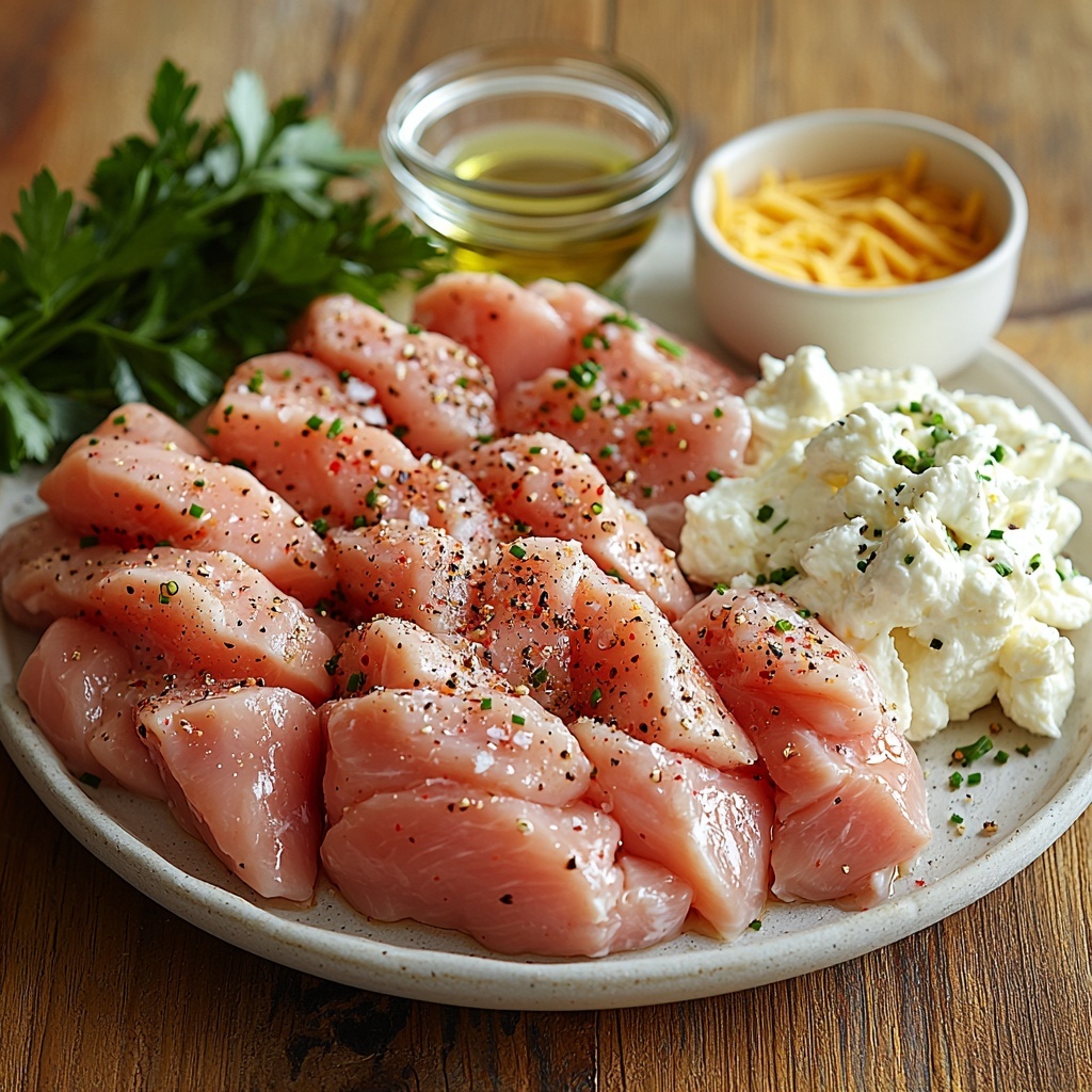 4 boneless, skinless chicken breasts raw, pale pink with slight marbling, arranged neatly on a clean white ceramic plate; small glass bowl of golden olive oil with reflective surface nearby; single peeled garlic clove minced finely on a wooden cutting board with visible knife marks; small clear measuring cup filled halfway with light golden chicken broth; block of soft cream cheese, smooth and creamy white, partially unwrapped on parchment paper; bunch of fresh bright green chives finely chopped scattered gently next to the cream cheese; small white ramekin with deep orange-red paprika powder showing fine texture; coarse crystals of salt and freshly ground black pepper in tiny clear spice bowls; small bowl of shredded sharp cheddar cheese, vibrant yellow-orange, fluffy texture; fresh parsley sprigs, bright green with delicate leaves, artistically placed to add freshness; all ingredients arranged thoughtfully on a clean rustic light wood surface with soft natural daylight, subtle shadows, and pops of green and warm colors for contrast, minimalistic styling with a touch of casual kitchen authenticity, garnished with a few stray chive pieces and paprika dust flecks for a lived-in feel, overhead shot, top down view, flat lay photography, professional food styling --ar 1:1 --q 2 --s 750 --v 6.1