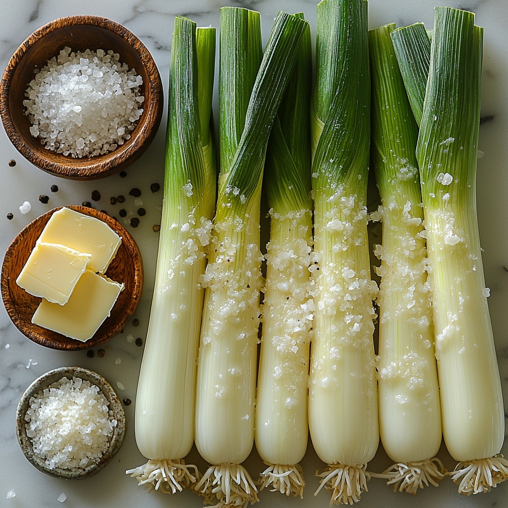 4 large fresh leeks with vibrant white and pale green stalks, trimmed and halved lengthwise to reveal layered textures; small wooden bowl of melted golden butter glistening softly; scattered coarse salt crystals and cracked black peppercorns adding contrast; small heap of finely shredded pale ivory Parmesan cheese with delicate texture; all ingredients arranged neatly on a smooth, clean white marble surface with gentle natural light highlighting subtle shadows and fresh colors; minimalistic styling with slight overlapping and balanced spacing, emphasizing freshness and simplicity, overhead shot, top down view, flat lay photography, professional food styling --ar 1:1 --q 2 --s 750 --v 6.1