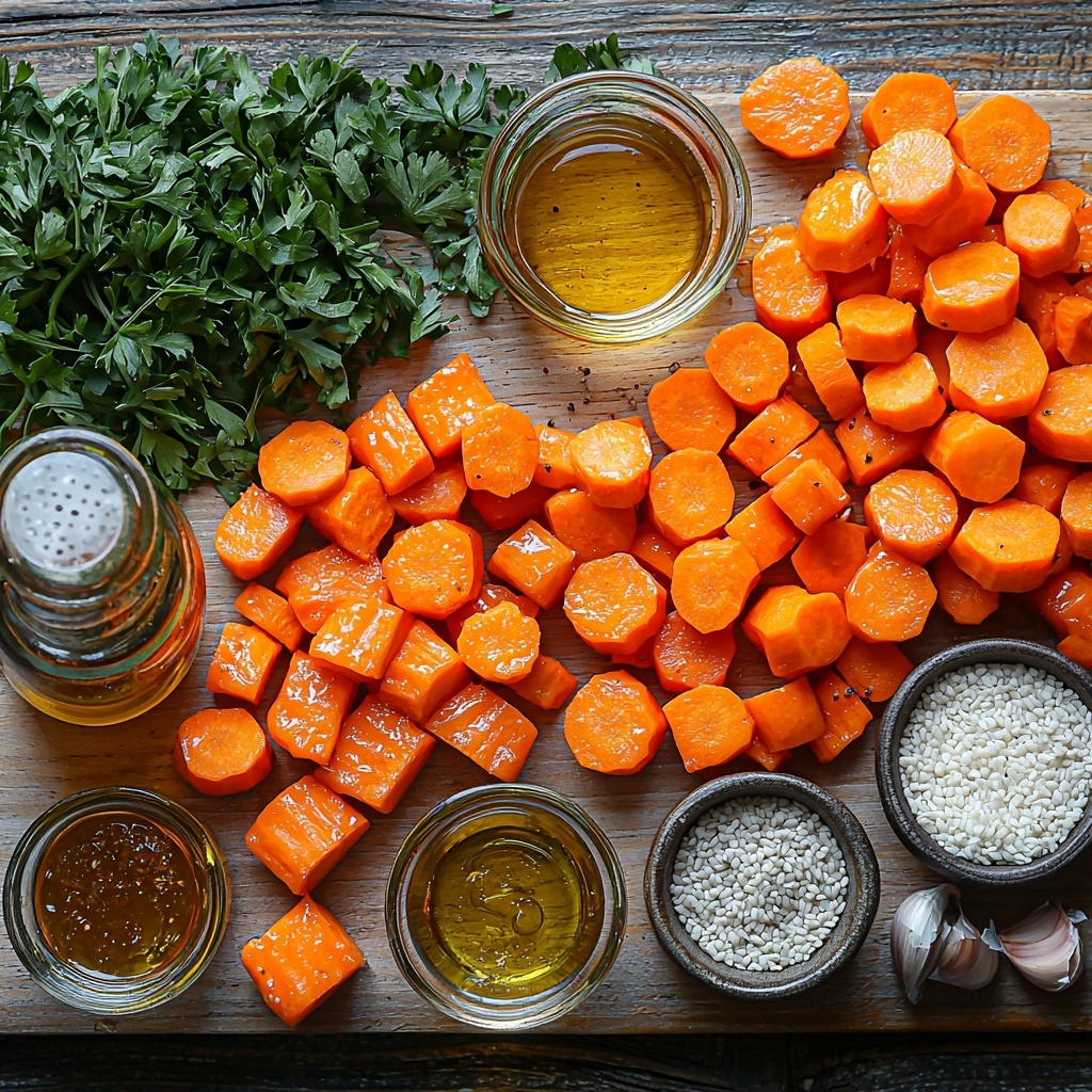 A beautifully arranged flat lay of the main ingredients for Harissa & Honey Glazed Carrots on a clean, light wood surface. Bright orange carrot chunks, peeled and cut into 2-inch pieces, are neatly grouped on one side. Small glass bowls hold vibrant, deep red harissa paste and golden, glossy honey, each with smooth, rich textures. A small bottle or dish of rich green olive oil glistens softly nearby. A heap of fine pale garlic powder sits next to a small heap of coarse white sea salt crystals. Freshly chopped bright green parsley or cilantro leaves are scattered in a small bowl and lightly around the scene for a natural touch. A small bowl contains toasted sesame seeds or tiny black nigella seeds, adding contrast with their matte texture. The ingredients are arranged with ample space between to emphasize their colors and textures, accented with soft natural lighting that enhances the freshness and earthiness. Shadows are gentle, styling minimalist and clean with subtle rustic props like a linen napkin peeking in the corner. Overhead shot, top down view, flat lay photography, professional food styling --ar 1:1 --q 2 --s 750 --v 6.1
