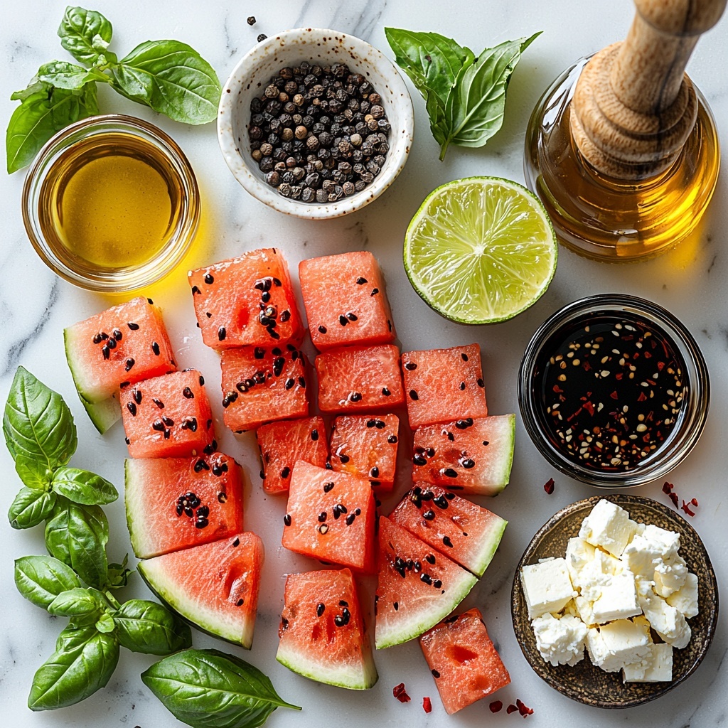 A vibrant flat lay arrangement on a clean white marble surface, featuring a small seedless watermelon sliced into thick round pieces showing bright red juicy flesh with dark seeds and contrasting pale green rind; next to it, a small glass bowl of rich dark balsamic glaze with glossy sheen; a clear glass dish holding golden extra virgin olive oil; a bottle of deep amber honey or maple syrup with a wooden honey dipper; a small bowl of dark brown balsamic vinegar; a halved lime with glistening pale green pulp; a tiny white porcelain dish of fine sea salt crystals; a rustic wooden pepper mill next to freshly ground black pepper scattered lightly; fresh vibrant green mint and basil leaves artfully placed for pop of color and fresh texture; a small bowl with crumbly white feta cheese showing crumbly texture; red chili flakes sprinkled lightly near the herbs to add warmth to the palette; all ingredients spaced evenly but naturally, with soft diffused natural light highlighting the textures and colors, casting gentle shadows, styled clean and minimalist, overhead shot, top down view, flat lay photography, professional food styling --ar 1:1 --q 2 --s 750 --v 6.1