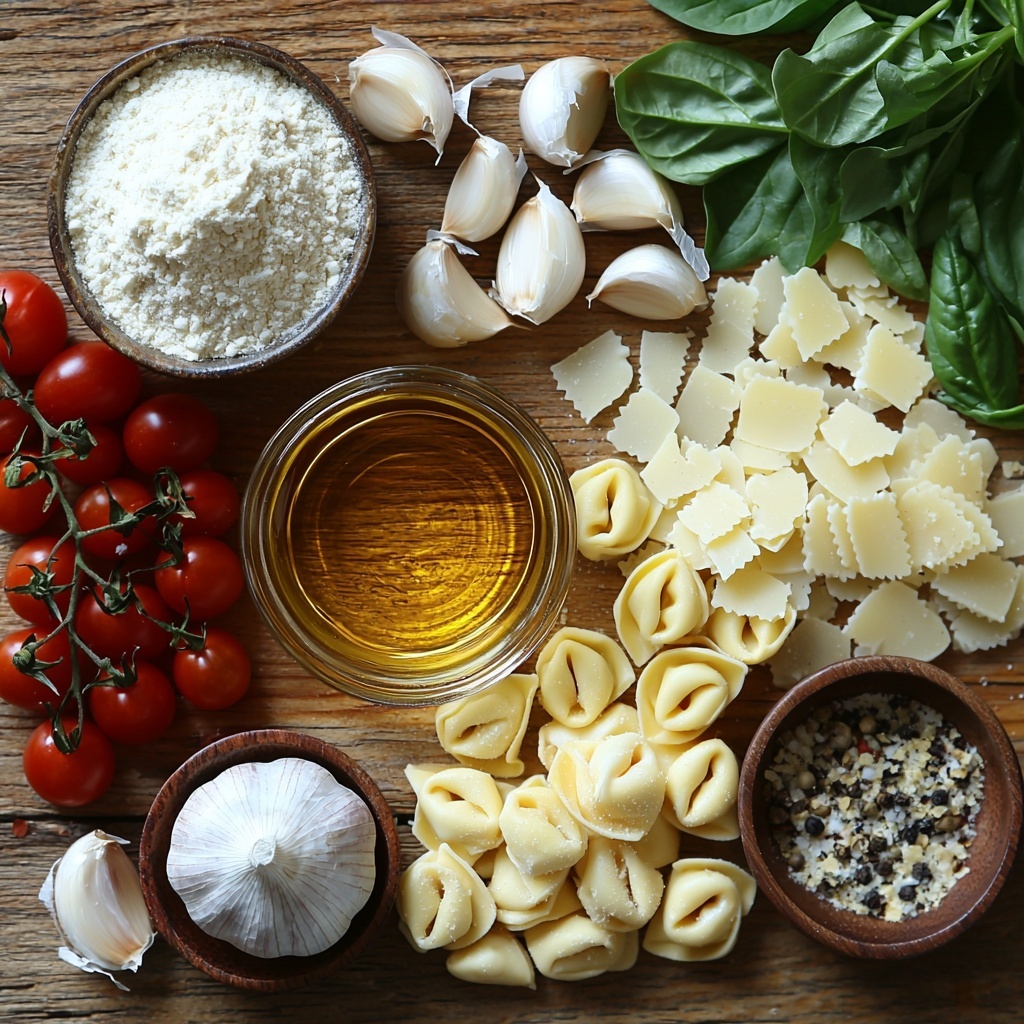 Olive oil in a small clear glass bowl showing rich golden hues, three peeled garlic cloves and a small pile of minced garlic beside them on a smooth wooden surface; a neat heap of all-purpose flour with a teaspoon-sized wooden spoon resting next to it, sprinkled with Italian seasoning herbs giving a green-brown contrast; vibrant julienned sun-dried tomatoes with deep red color glistening lightly with oil arranged on a small white ceramic dish; a clear glass measuring cup filled with golden chicken broth reflecting soft light; small piles of coarse salt and freshly cracked black peppercorns beside each other creating contrasting white and black textures; a sealed package of smooth, plump cheese tortellini pasta, showcasing their pale yellow, tender dough folds; a small metal bowl filled with thick, creamy white heavy whipping cream; a mound of freshly grated Parmesan cheese with fine, snowy texture; a handful of fresh bright green spinach leaves with glossy surfaces scattered naturally; tiny heap of crushed red pepper flakes for vibrant red-orange spice; fresh chopped parsley and basil leaves adding dark green, leafy accent colors; ingredients artistically arranged with balanced spacing on a clean light-colored textured wooden background, soft natural daylight illuminating all elements, shadows softly diffused for warm, inviting look — overhead shot, top down view, flat lay photography, professional food styling --ar 1:1 --q 2 --s 750 --v 6.1