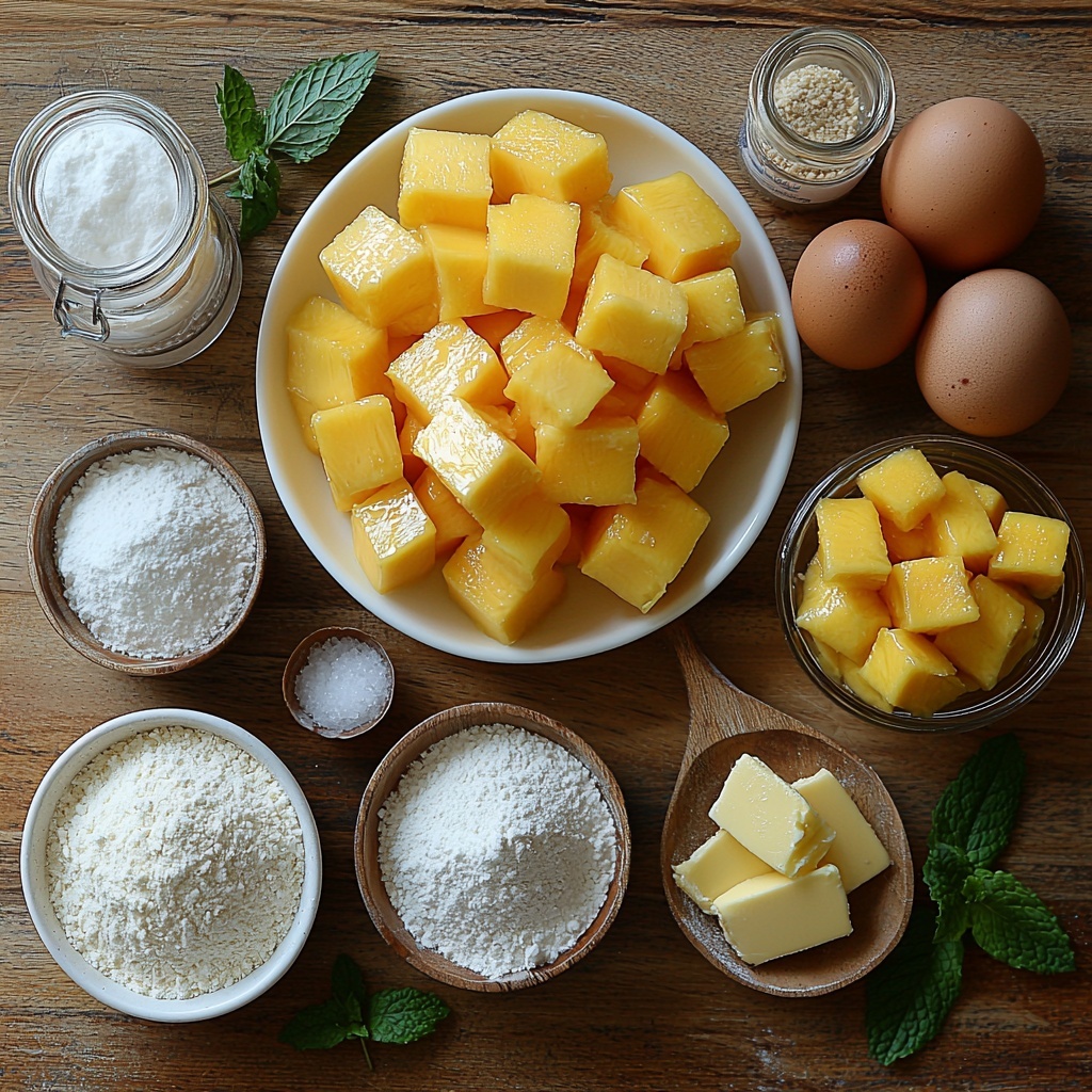 a clean, light wooden surface arranged with main ingredients for mango strawberry cupcakes: a neat mound of all-purpose flour in a small white bowl showing fine powder texture, a half cup of granulated sugar sparkling softly in a clear glass jar, a softened block of unsalted butter with a smooth creamy texture on a small white ceramic dish, two large brown eggs with smooth shells placed next to each other, a small bowl of vibrant golden-yellow mango puree with a glossy, smooth surface, a small bowl of bright red strawberry puree showing rich, slightly chunky texture, a small open jar of fine white baking powder, a tiny clear glass container with pale vanilla extract reflecting light subtly, a small pile of fine white salt crystals on a rustic wooden spoon — all elements spaced evenly with natural soft daylight illuminating the scene, gentle shadows adding depth, fresh and minimal styling with a few green mint leaves for color contrast, clean and crisp with a focus on the contrasting colors and textures of each ingredient, cozy yet modern kitchen vibe, overhead shot, top down view, flat lay photography, professional food styling --ar 1:1 --q 2 --s 750 --v 6.1