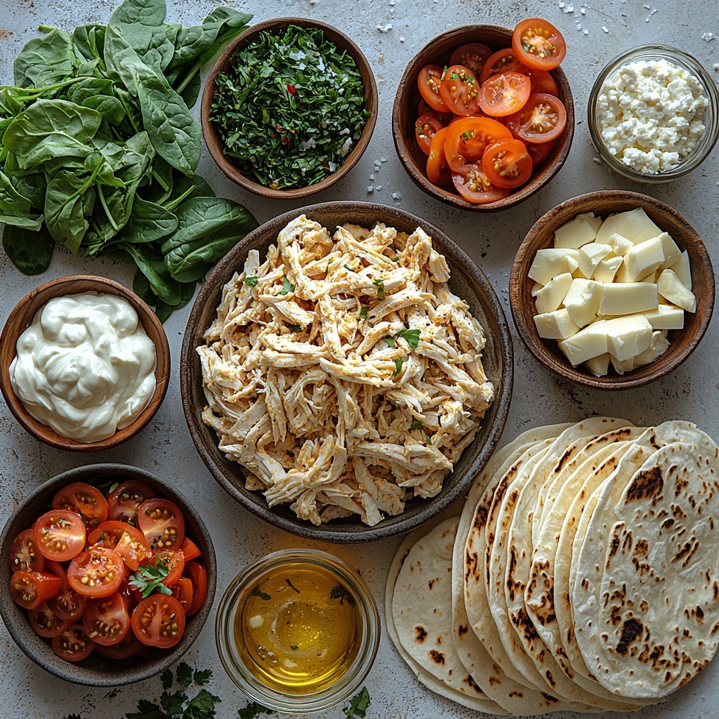 A bright, clean white surface with all main ingredients arranged neatly for a flat lay food photography shot: tender cooked shredded chicken piled loosely in a small rustic bowl, a drizzle of golden olive oil glistening beside it in a small glass jar, small wooden spoons holding garlic powder and onion powder with fine textured spices, a pinch bowl of coarse salt and freshly ground black peppercorns, two small piles of shredded cheeses—creamy white mozzarella and vibrant orange cheddar—displayed side by side showcasing their soft textures, a dollop of smooth, softened cream cheese on a porcelain spoon, a small bowl of creamy mayonnaise with a glossy finish, fresh bright green chopped parsley scattered lightly nearby, four large pale beige flour tortillas stacked neatly with soft wrinkles visible, a small bowl of melted golden butter shimmering with minced garlic bits, optional fresh baby spinach leaves with deep green veins, shredded pale green lettuce, and ripe red tomato slices arranged artfully around the center. Natural daylight illuminates the scene, casting soft shadows that enhance the varied textures from creamy to shredded and leafy. The colors are warm and inviting, emphasizing freshness and hominess, styled with minimal rustic props and crisp edges to highlight each ingredient’s detail and vibrancy. Overhead shot, top down view, flat lay photography, professional food styling --ar 1:1 --q 2 --s 750 --v 6.1
