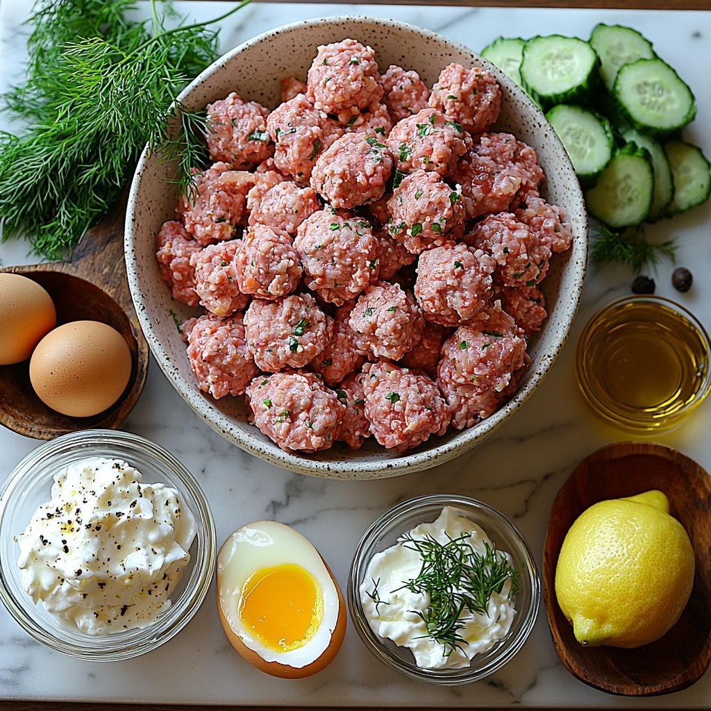 A clean white marble surface with all main ingredients for Greek turkey meatballs artfully arranged: a mound of pale pink ground turkey in a rustic ceramic bowl, a small glass bowl with golden Italian breadcrumbs, finely diced bright purple-red onion scattered gently beside the bowl, two glossy large egg yolks in a small white ramekin, three peeled garlic cloves and a small pile of minced garlic with their papery skins nearby, a fresh whole lemon with one segment of bright yellow zest delicately curled beside it, a small heap of dried oregano and a pinch of warm brown ground cumin in tiny wooden spoons, coarse kosher salt crystals and freshly ground black peppercorns spilled lightly on the surface, a clear glass bowl filled with thick creamy white Greek yogurt, finely diced pale green English cucumber scattered next to it, two cloves of garlic pressed and set close by, a small heap of fresh bright green chopped dill and sprigs of mint with delicate leaves, a small glass dish with freshly squeezed lemon juice, and a small puddle of rich golden olive oil. The items are spaced evenly with natural soft daylight illuminating the textures and vibrant colors, shadows soft and subtle, styled with minimal rustic props such as a linen napkin and natural wood spoons to evoke Mediterranean freshness and simplicity. Overhead shot, top down view, flat lay photography, professional food styling --ar 1:1 --q 2 --s 750 --v 6.1