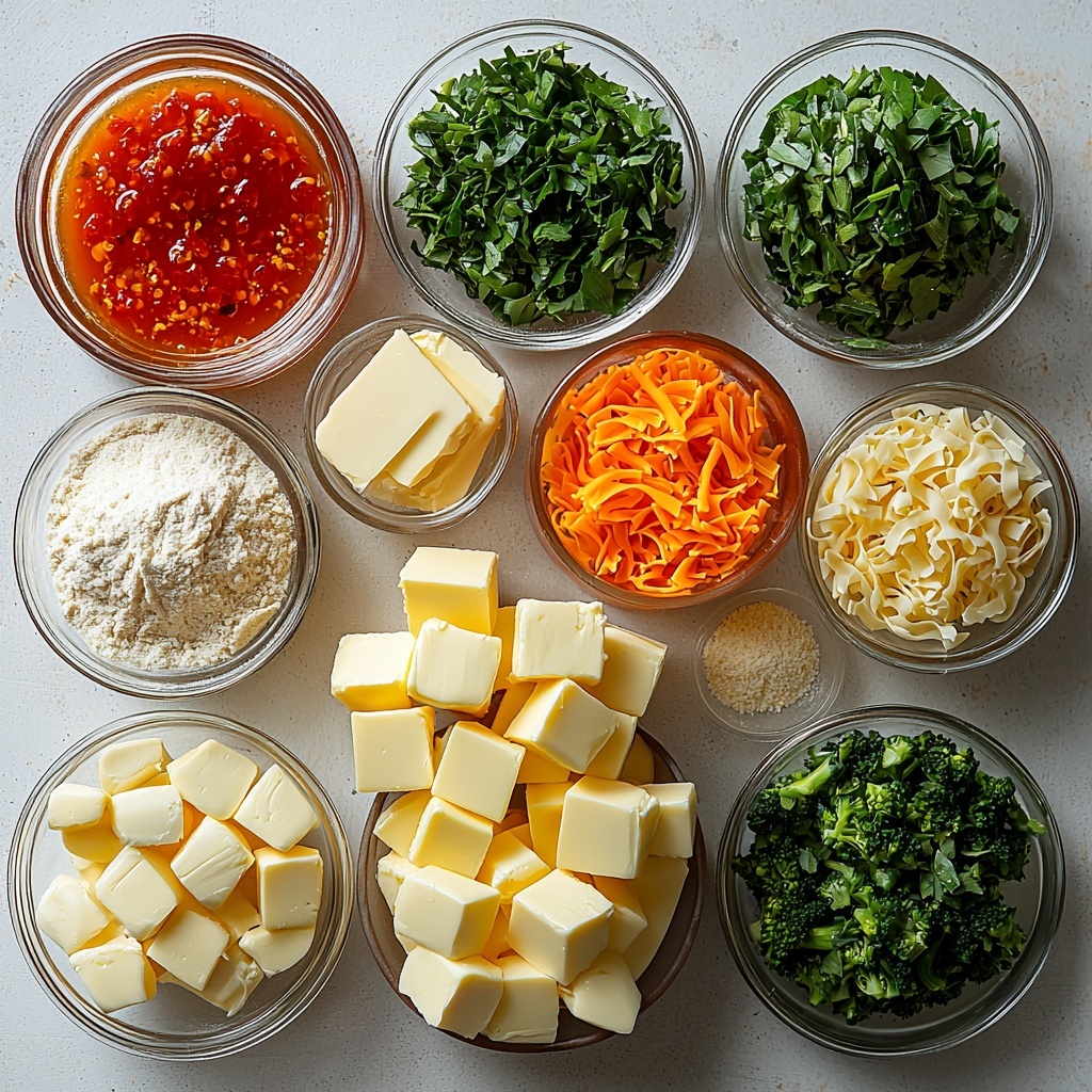 A clean, minimal white surface with all the main ingredients for cheese pasta artfully arranged in a balanced flat lay: a small glass bowl of rich golden chicken broth, a clear measuring cup holding creamy off-white half and half, a single half chicken bouillon cube with a slightly rough texture, a small glass dish with vibrant deep red hot sauce, a trio of tiny white porcelain bowls each containing fine pale beige onion powder, garlic powder, and mustard powder, and separate small dishes with bright green dried oregano, basil, and parsley flakes; a neat stack of glossy golden yellow butter cubes, a small mound of fine, pale off-white all-purpose flour dusted lightly around it, a small bowl filled with finely chopped bright green broccoli, a small wooden scoop of uncooked pale yellow Gemelli pasta with its twisted tubular shape clearly visible, a bowl overflowing with finely shredded vivid orange cheddar cheese, and a small dish of grated pale ivory Parmesan cheese. The ingredients are spaced evenly with natural soft lighting enhancing the varied textures—from smooth liquid to powdery flour and chopped greens—complemented by subtle shadows for depth. The composition is clean and organized to highlight each ingredient distinctly, with a fresh and inviting color palette. Overhead shot, top down view, flat lay photography, professional food styling --ar 1:1 --q 2 --s 750 --v 6.1