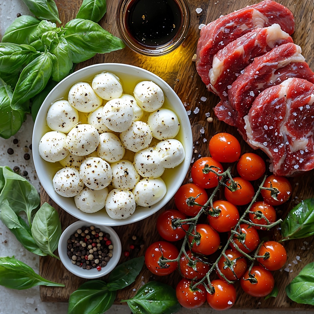 8 ounces fresh mozzarella pearls in a small white bowl, vibrant red cherry tomatoes halved and scattered nearby, thinly sliced bright green fresh basil leaves delicately fanned out, small glass bowl of golden extra virgin olive oil with a silver teaspoon resting inside, a small heap of finely minced garlic next to a pinch of coarse salt and cracked black pepper in tiny white ramekins, 1 cup sliced earthy brown mushrooms arranged in a neat pile, a small skillet with a drizzle of olive oil to suggest cooking, crisp chopped dark green romaine lettuce leaves loosely piled on a clean white marble surface, two raw New York strip steaks seasoned with coarse salt and black pepper showing marbled red and white textures, a small amber glass bottle of balsamic vinegar with a drop falling artistically, all ingredients spaced with natural shadows and illuminated by soft natural light emphasizing fresh textures and vibrant colors, minimalistic and clean, rustic wooden board subtly included to add warmth, garnished with a few scattered basil leaves and black peppercorns for detail, overhead shot, top down view, flat lay photography, professional food styling --ar 1:1 --q 2 --s 750 --v 6.1
