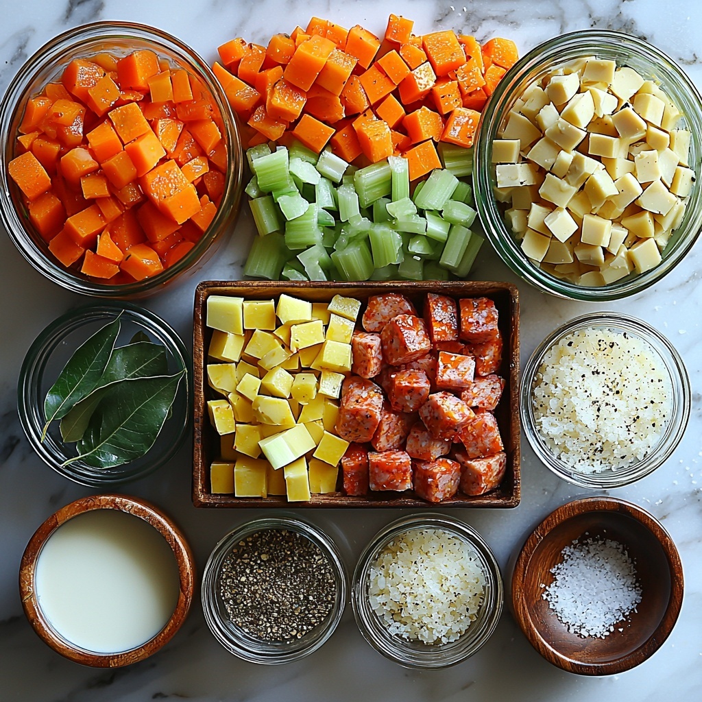 2 tablespoons golden olive oil in a small glass bowl, 1 cup bright yellow diced onion, 2 medium orange carrots diced into small cubes, 2 ribs celery diced with light green hue, 2 cloves garlic minced finely, a small rustic bowl with rich red tomato paste, sprinkled Italian seasoning and ground cumin alongside a scattered pile of smoked paprika and freshly ground black pepper on the surface, 6 cups clear golden chicken broth in a glass measuring cup, 1 pound cooked chicken sausage sliced into rounds showing browned edges and textured meat, 2 cans of white cannellini or great northern beans rinsed and drained spilling slightly from an open can, a single glossy green bay leaf placed nearby, ½ cup creamy white milk in a small jug, 2 tablespoons fine pale cornstarch in a white ceramic bowl, coarse sea salt crystals scattered artfully, a small wooden bowl filled with grated Parmesan cheese showcasing fine snowy texture. All ingredients arranged neatly on a pristine white marble countertop, soft natural daylight from the side creating gentle shadows, minimal props, focus on vibrant colors and natural textures, clean and fresh aesthetic, overhead shot, top down view, flat lay photography, professional food styling --ar 1:1 --q 2 --s 750 --v 6.1
