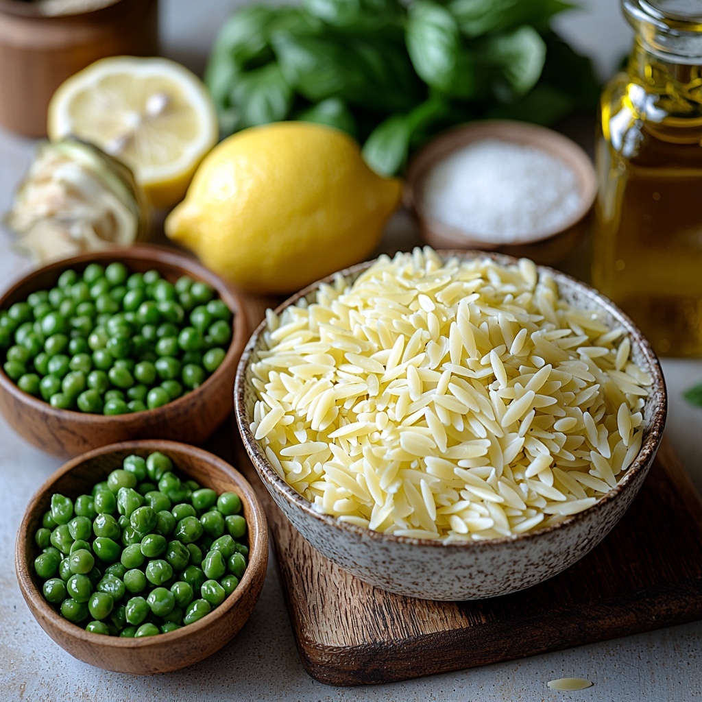 16 ounces uncooked orzo pasta spilled in a small rustic ceramic bowl, next to a pile of bright green fresh peas in a clear glass bowl, vibrant marinated artichoke hearts with a glossy sheen arranged artfully on a white plate, fresh zucchini cut into thin crisp matchsticks fanned out on a wooden cutting board, a whole lemon with bright yellow rind alongside a halved lemon showing juicy pulp and scattered lemon zest strips on a clean white surface, loosely piled fresh basil leaves with deep green color and textured veins, small bowls containing golden olive oil and white wine vinegar, a tiny heap of coarse kosher salt and dried oregano sprinkled neatly, all ingredients spaced evenly with natural light casting soft shadows, subtle pops of green and yellow creating a fresh, vibrant palette, minimalistic styling with slight rustic elements, delicate textures from the pasta, leaves, and lemon zest emphasized, crisp focus and bright, airy atmosphere, overhead shot, top down view, flat lay photography, professional food styling --ar 1:1 --q 2 --s 750 --v 6.1