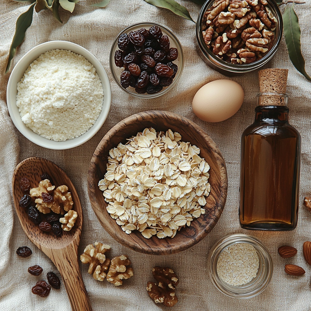 Softened unsalted butter, light brown sugar packed in a small rustic bowl, granulated sugar in a clear glass jar, two large brown eggs resting on a white ceramic plate, a small bottle of vanilla extract with a wooden cork, all-purpose flour in a linen-lined wooden bowl, a small heap of baking soda powder on a wooden spoon, ground cinnamon in a tiny white ramekin, a pinch of salt scattered next to the spices, a large mound of old-fashioned rolled oats spilling gently onto the clean surface, plump dark raisins loosely arranged beside the oats, optional chopped walnuts and pecans in a small glass bowl placed nearby, all ingredients laid out on a smooth neutral-toned linen fabric covering a light wooden table, warm natural lighting highlighting the varied textures from creamy butter to coarse oats and shiny sugar crystals, subtle shadows adding depth, soft earthy color palette with warm browns and creams, minimal props for a clean, cozy, inviting aesthetic, overhead shot, top down view, flat lay photography, professional food styling --ar 1:1 --q 2 --s 750 --v 6.1