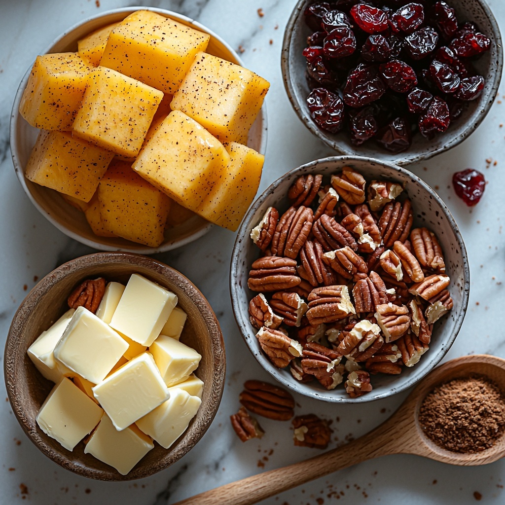 A clean white marble surface neatly arranged with the main ingredients for cranberry apple twice-baked sweet potatoes: two medium sweet potatoes with orange, slightly rough skin; a small bowl of vibrant red dried cranberries; two peeled, cored apples diced into even, glossy pale yellow cubes; a small dish of golden unsalted butter cubes beginning to soften; a wooden spoon resting beside a small heap of warm brown coconut sugar crystals; a small bowl of chopped pecans showcasing their rich brown, crunchy texture; and tiny piles of ground cinnamon and nutmeg in warm earthy tones sprinkled artistically on the surface. The ingredients are spaced evenly with natural light casting soft shadows to highlight the textures—the rustic smoothness of the sweet potatoes, the juicy shine of apple pieces, and the rough pecans—capturing a cozy, autumnal vibe. Overhead shot, top down view, flat lay photography, professional food styling --ar 1:1 --q 2 --s 750 --v 6.1