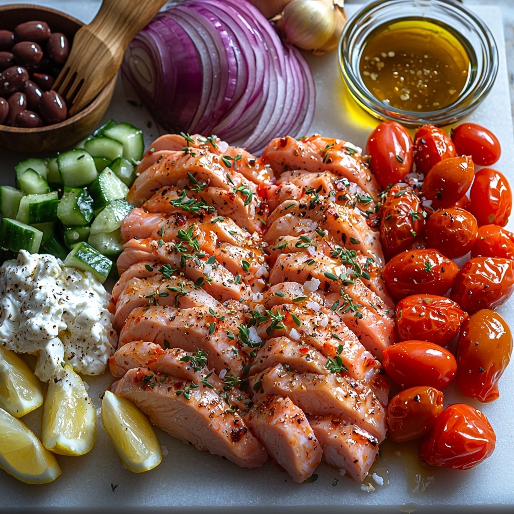 Chicken breasts raw and sliced, red onion diced vibrant purple, bright green diced cucumber, juicy red diced tomatoes, glossy dark Kalamata olives, crumbled creamy white feta cheese, small bowl of thick creamy tzatziki sauce, whole garlic cloves, small glass bowls of red wine vinegar and golden extra virgin olive oil, fresh lemon wedges, a sprinkling of dried oregano, coarse salt crystals, and black peppercorns, all neatly arranged on a clean white marble surface. Ingredients spaced evenly with natural daylight highlighting their fresh textures and vivid colors, subtle shadows adding depth, styled with rustic wooden utensils and a soft linen napkin nearby for contrast. Overhead shot, top down view, flat lay photography, professional food styling --ar 1:1 --q 2 --s 750 --v 6.1