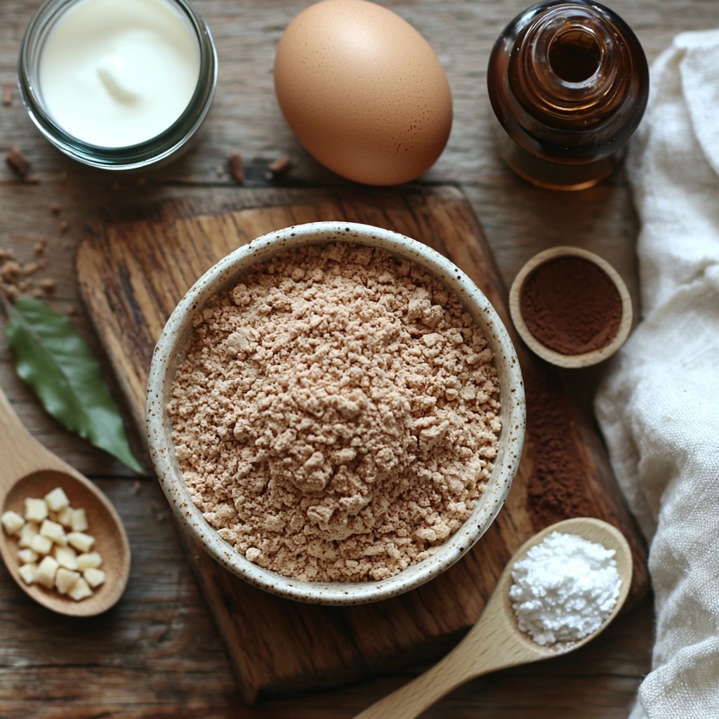Almond flour in a clear glass bowl showing its fine, pale beige texture; a small wooden scoop resting beside a mound of packed Swerve Brown sugar with rich caramel color; a neat pile of light tan coconut flour on a white ceramic plate; deep brown cocoa powder in a rustic ceramic dish; small wooden spoons holding warm golden ground ginger, reddish-brown ground cinnamon, and dark brown ground cloves arranged in a row; a vintage silver teaspoon with white baking powder; coarse white salt crystals sprinkled lightly nearby; a block of soft cream cheese on a small wooden board with a butter knife; a single large brown egg with smooth shell resting beside the board; a small glass bottle of vanilla extract with amber liquid and a cork stopper; for frosting ingredients, a small bowl of powdered white Swerve sugar, a small measuring cup with heavy cream reflecting light; a few drops of water in a tiny glass dish; all ingredients artfully spaced on a clean, light wooden surface with soft natural lighting, subtle shadows, and warm tones enhancing the cozy, rustic feel; minimal props with a neutral linen napkin folded casually at the corner; overhead shot, top down view, flat lay photography, professional food styling --ar 1:1 --q 2 --s 750 --v 6.1